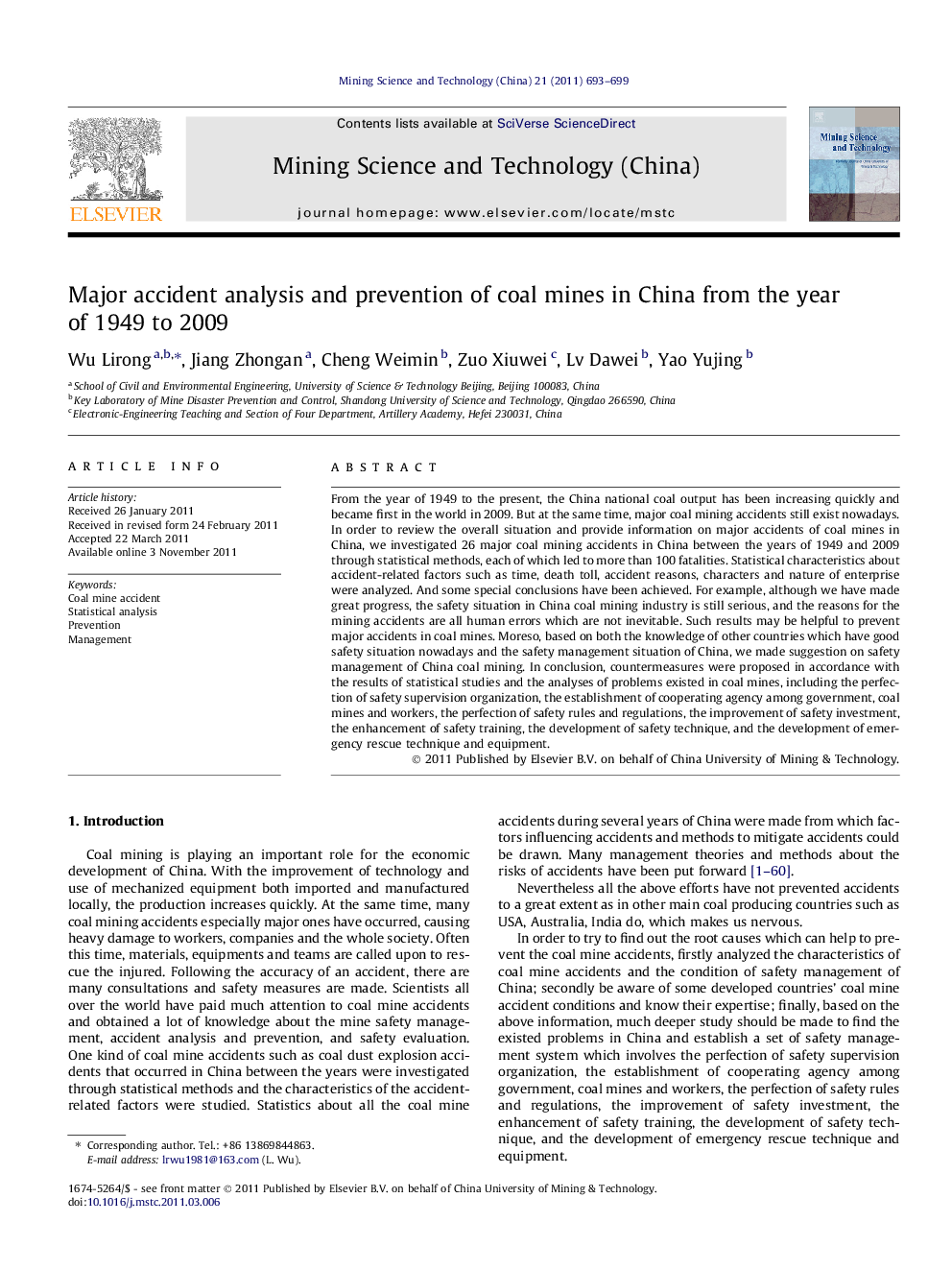 Major accident analysis and prevention of coal mines in China from the year of 1949 to 2009