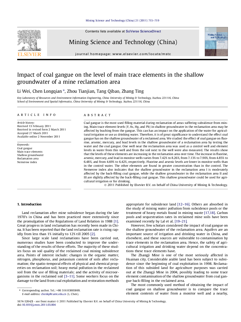 Impact of coal gangue on the level of main trace elements in the shallow groundwater of a mine reclamation area