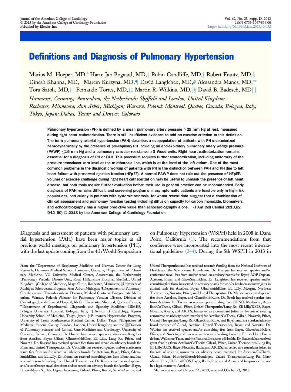 Definitions and Diagnosis of Pulmonary Hypertension 