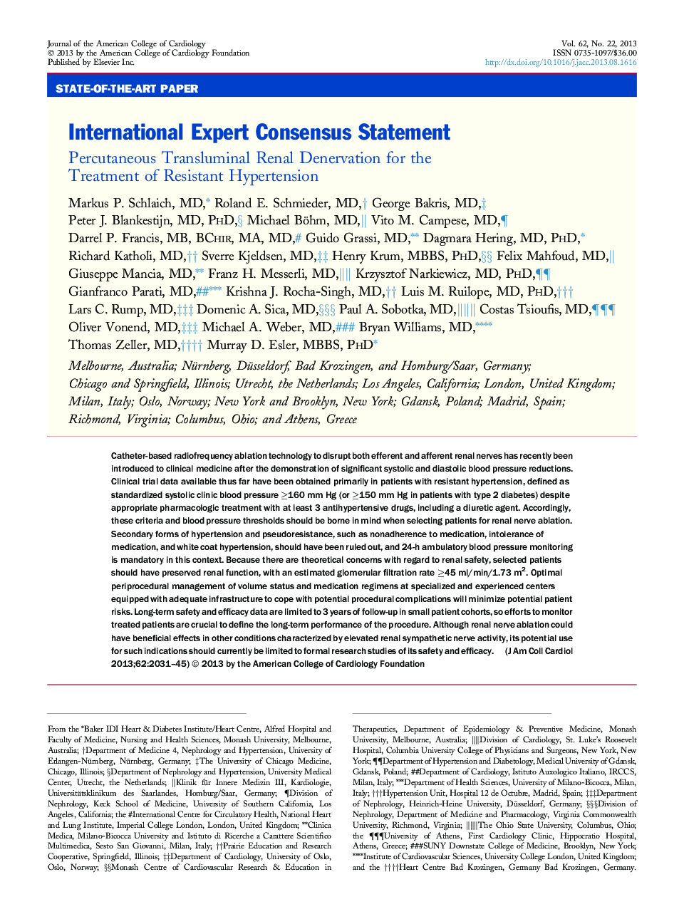 International Expert Consensus Statement : Percutaneous Transluminal Renal Denervation for the Treatment of Resistant Hypertension