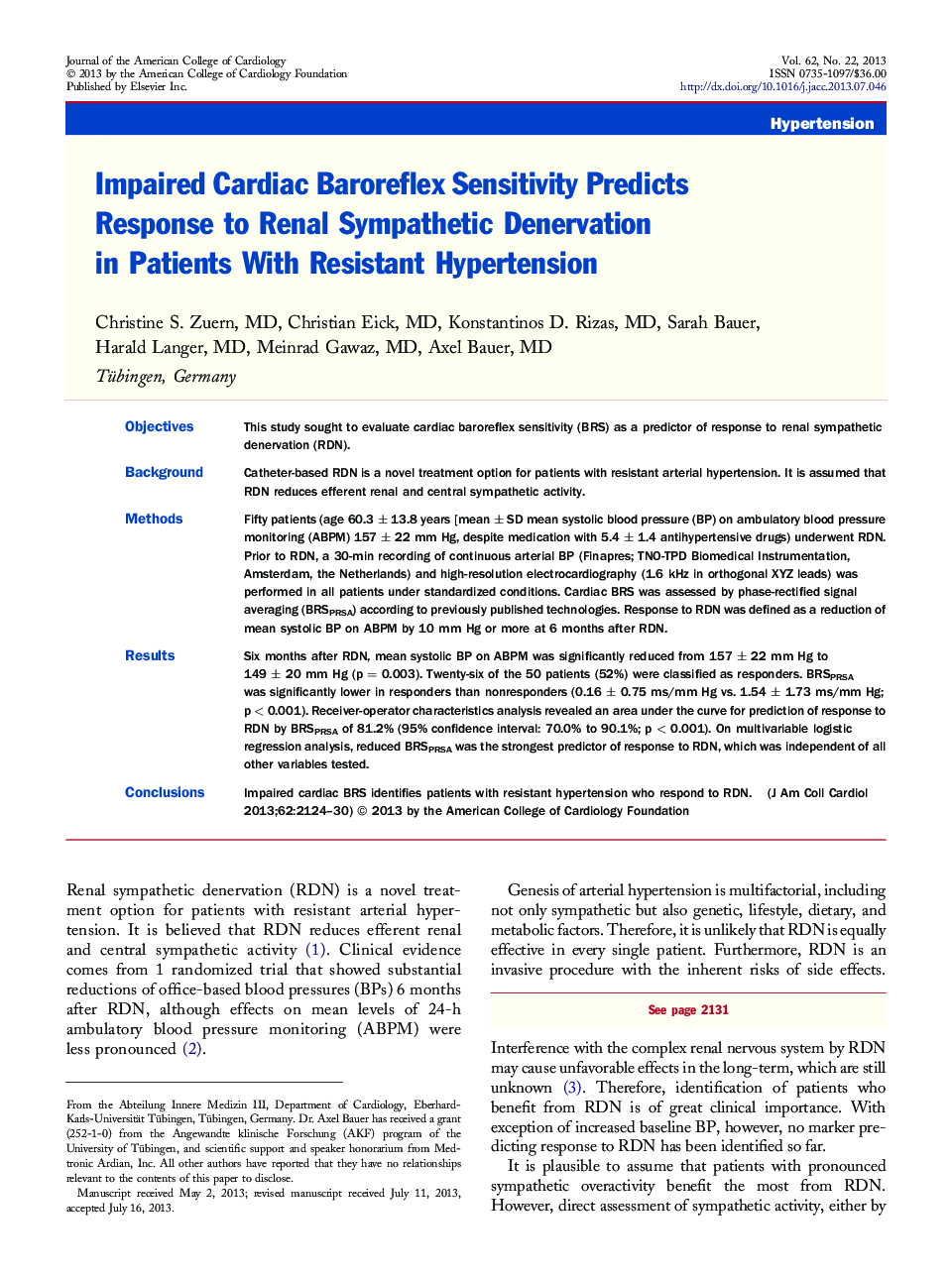 Impaired Cardiac Baroreflex Sensitivity Predicts Response to Renal Sympathetic Denervation in Patients With Resistant Hypertension 