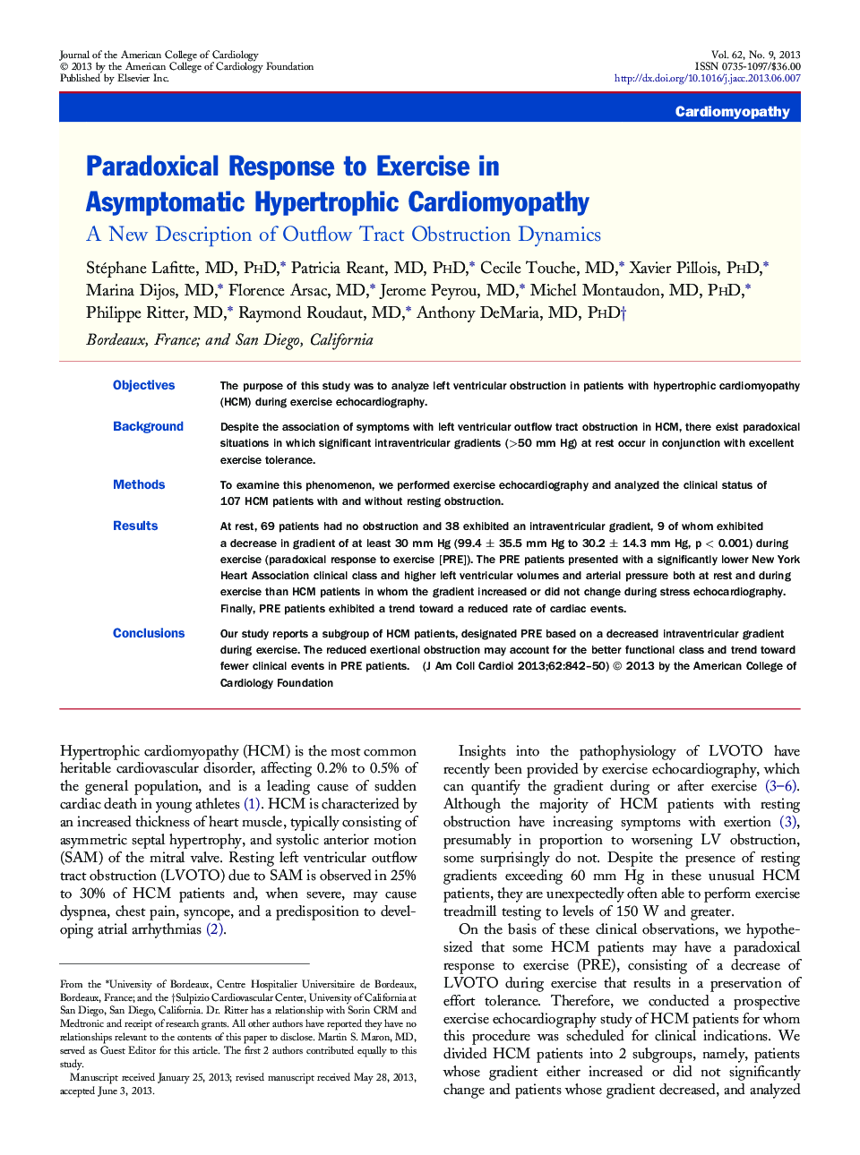 Paradoxical Response to Exercise in Asymptomatic Hypertrophic Cardiomyopathy : A New Description of Outflow Tract Obstruction Dynamics