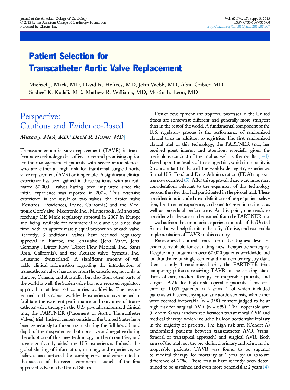 Patient Selection for Transcatheter Aortic Valve Replacement