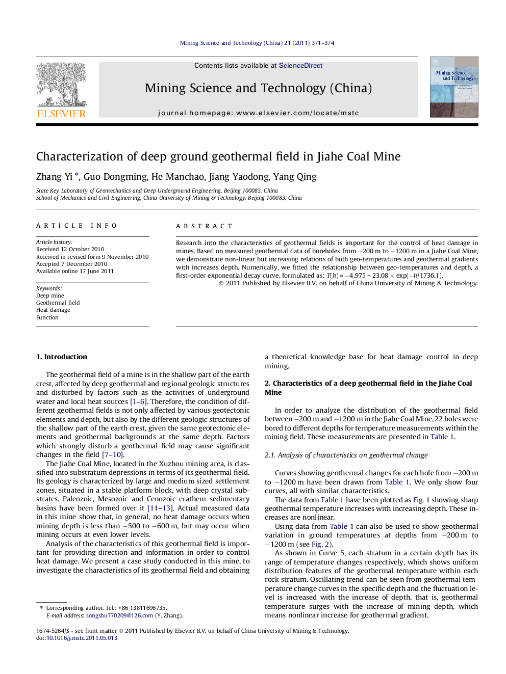 Characterization of deep ground geothermal field in Jiahe Coal Mine