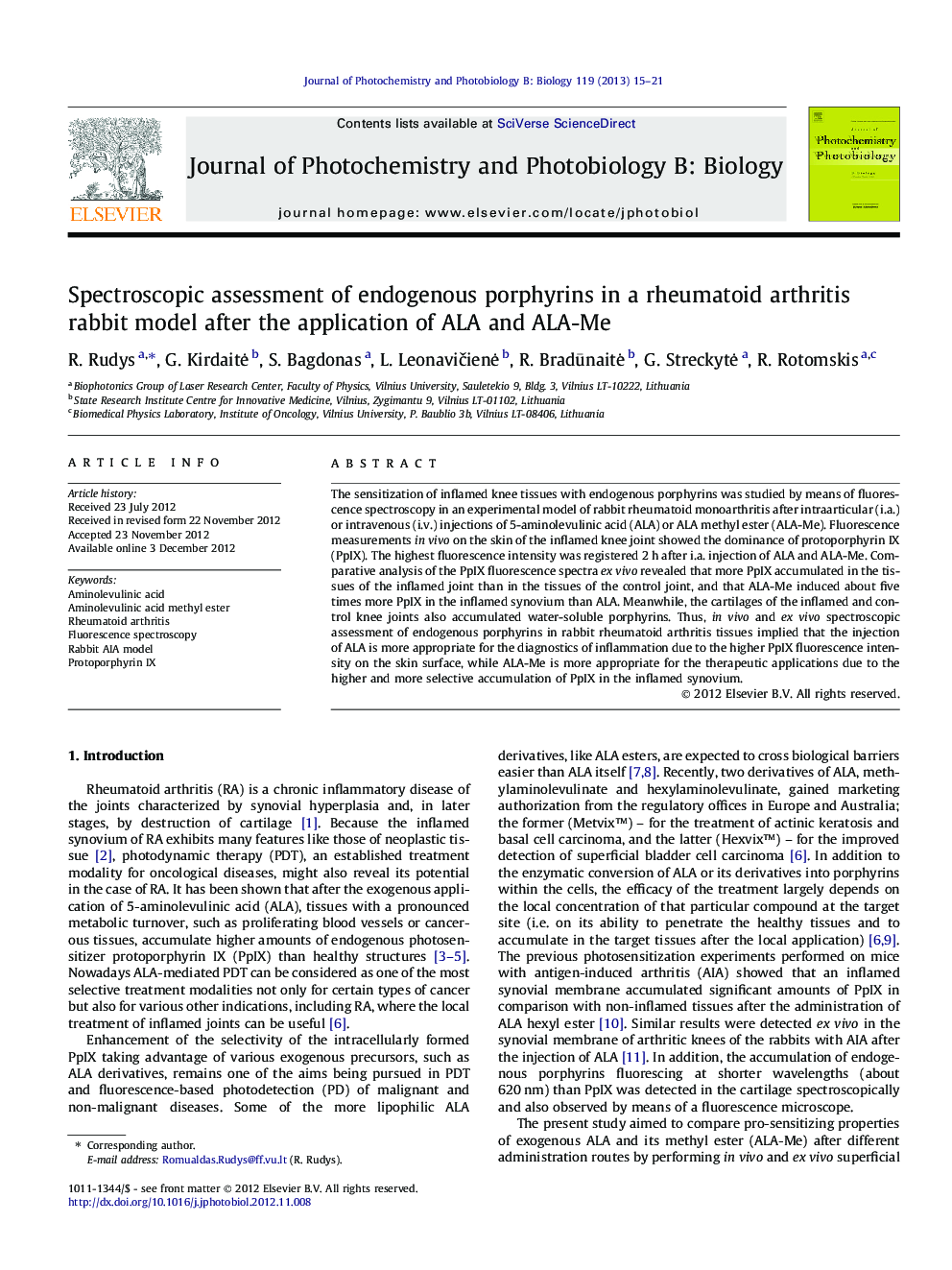 Spectroscopic assessment of endogenous porphyrins in a rheumatoid arthritis rabbit model after the application of ALA and ALA-Me