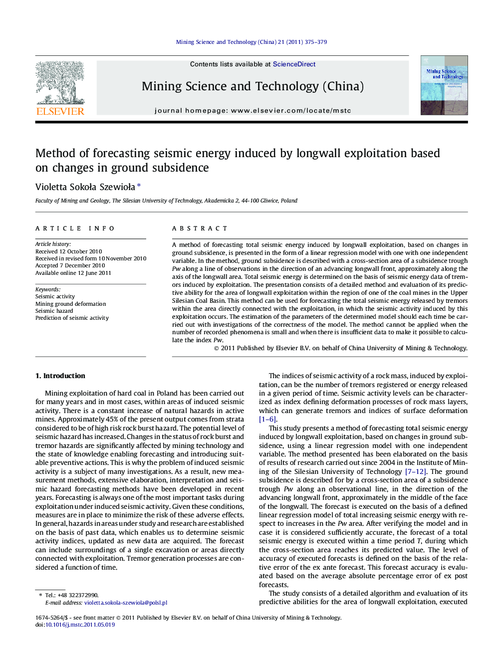 Method of forecasting seismic energy induced by longwall exploitation based on changes in ground subsidence