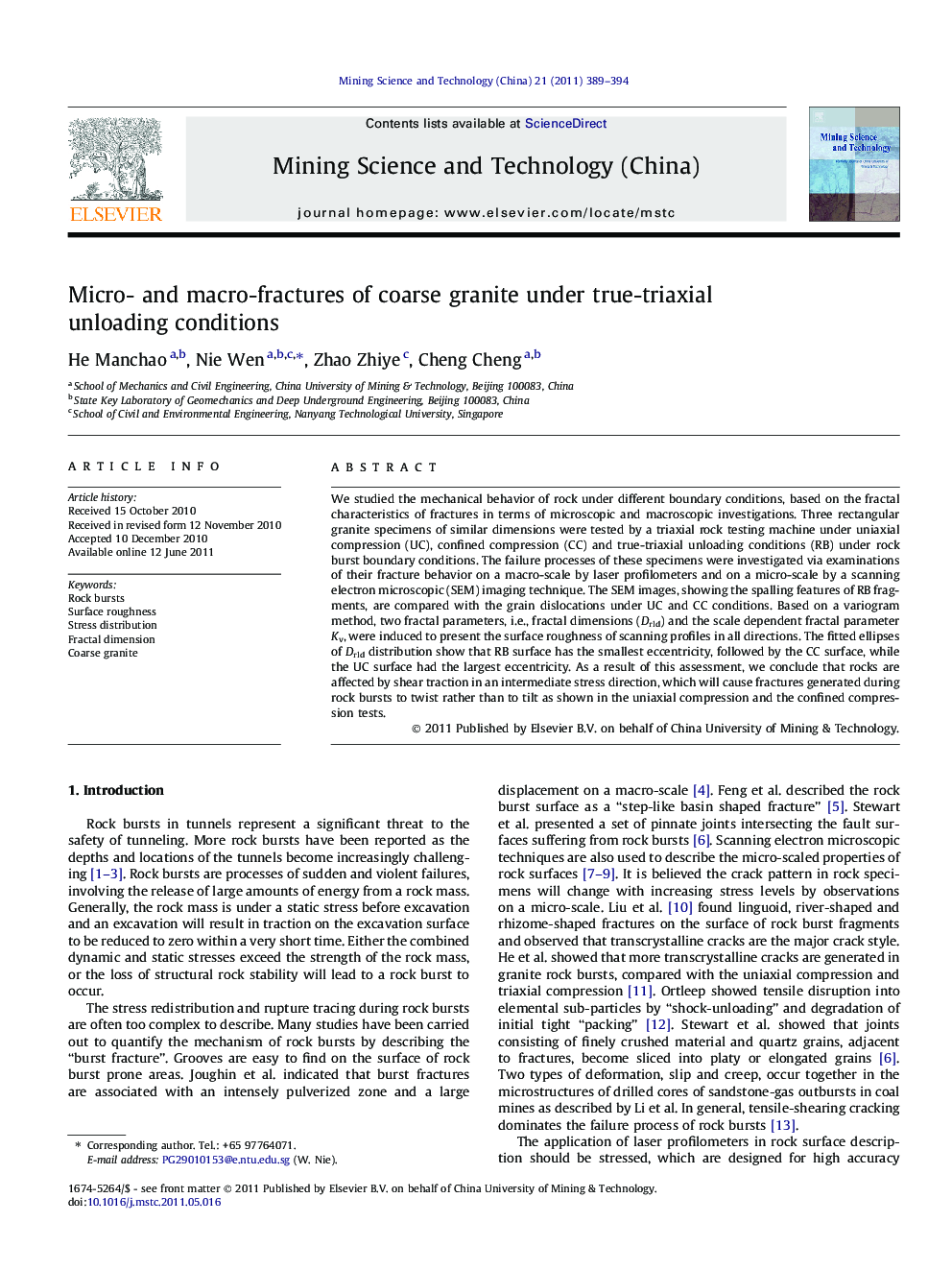 Micro- and macro-fractures of coarse granite under true-triaxial unloading conditions