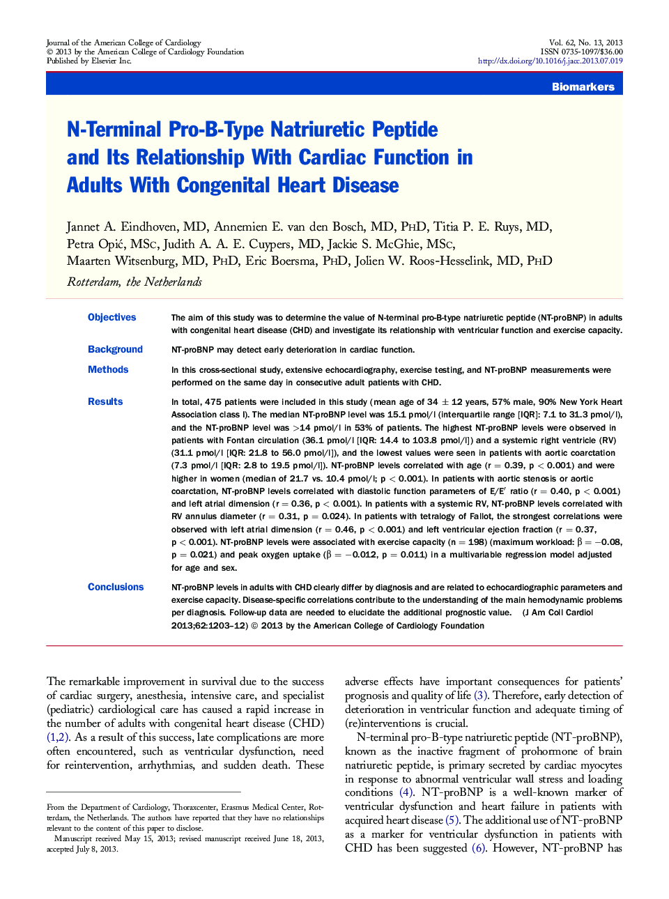 N-Terminal Pro-B-Type Natriuretic Peptide and Its Relationship With Cardiac Function in Adults With Congenital Heart Disease 