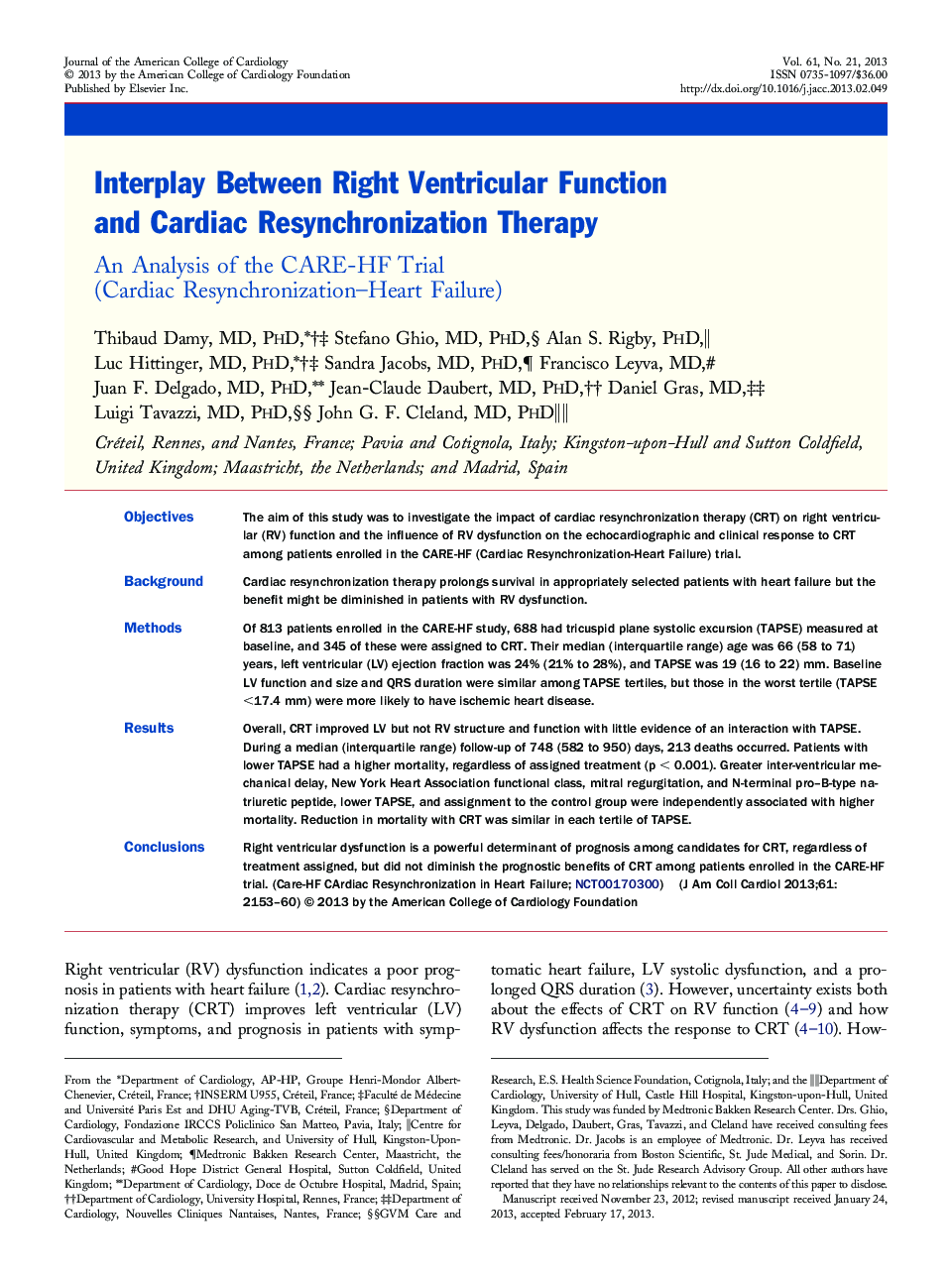 Interplay Between Right Ventricular Function and Cardiac Resynchronization Therapy : An Analysis of the CARE-HF Trial (Cardiac Resynchronization–Heart Failure)