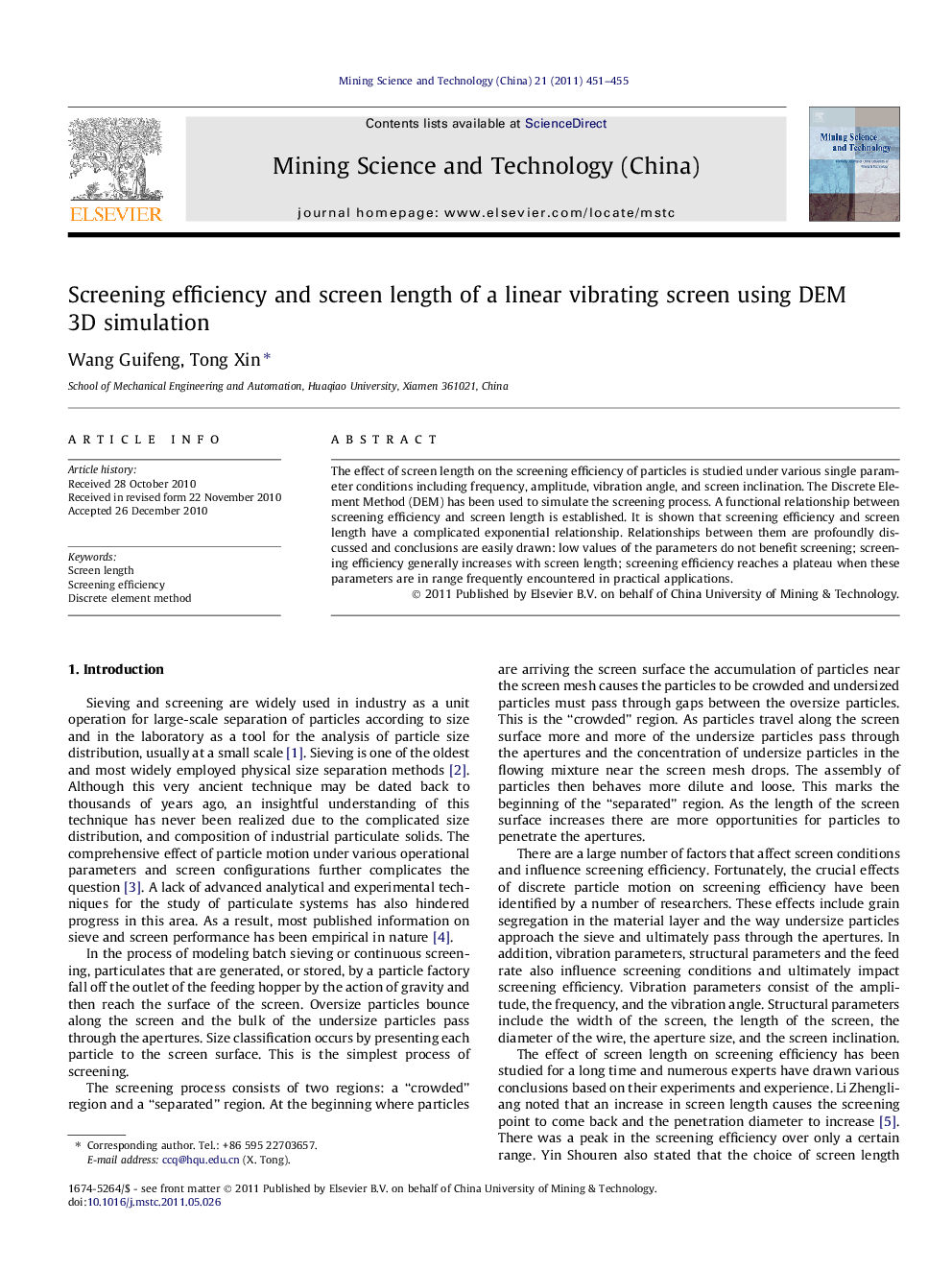 Screening efficiency and screen length of a linear vibrating screen using DEM 3D simulation