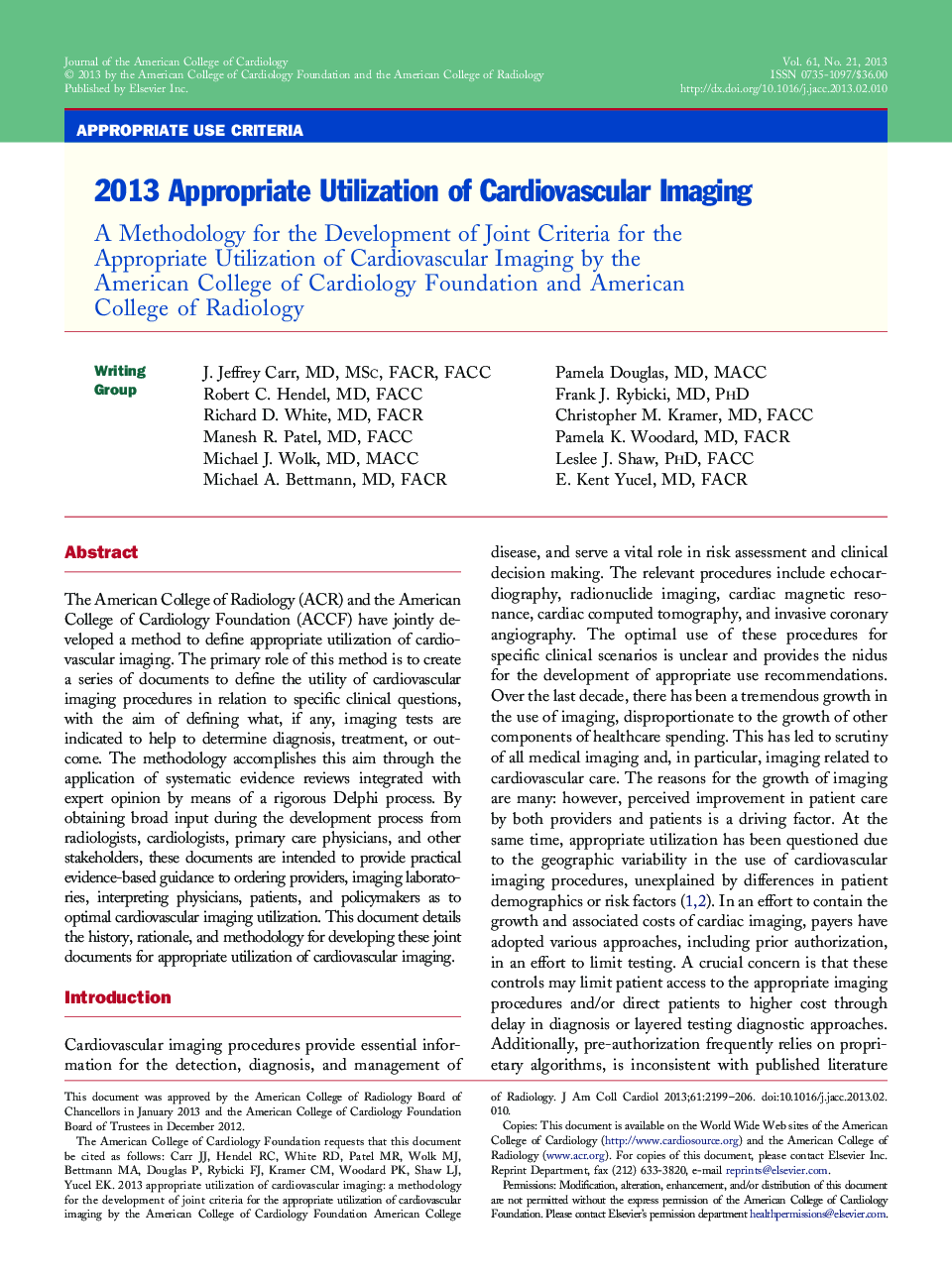 2013 Appropriate Utilization of Cardiovascular Imaging