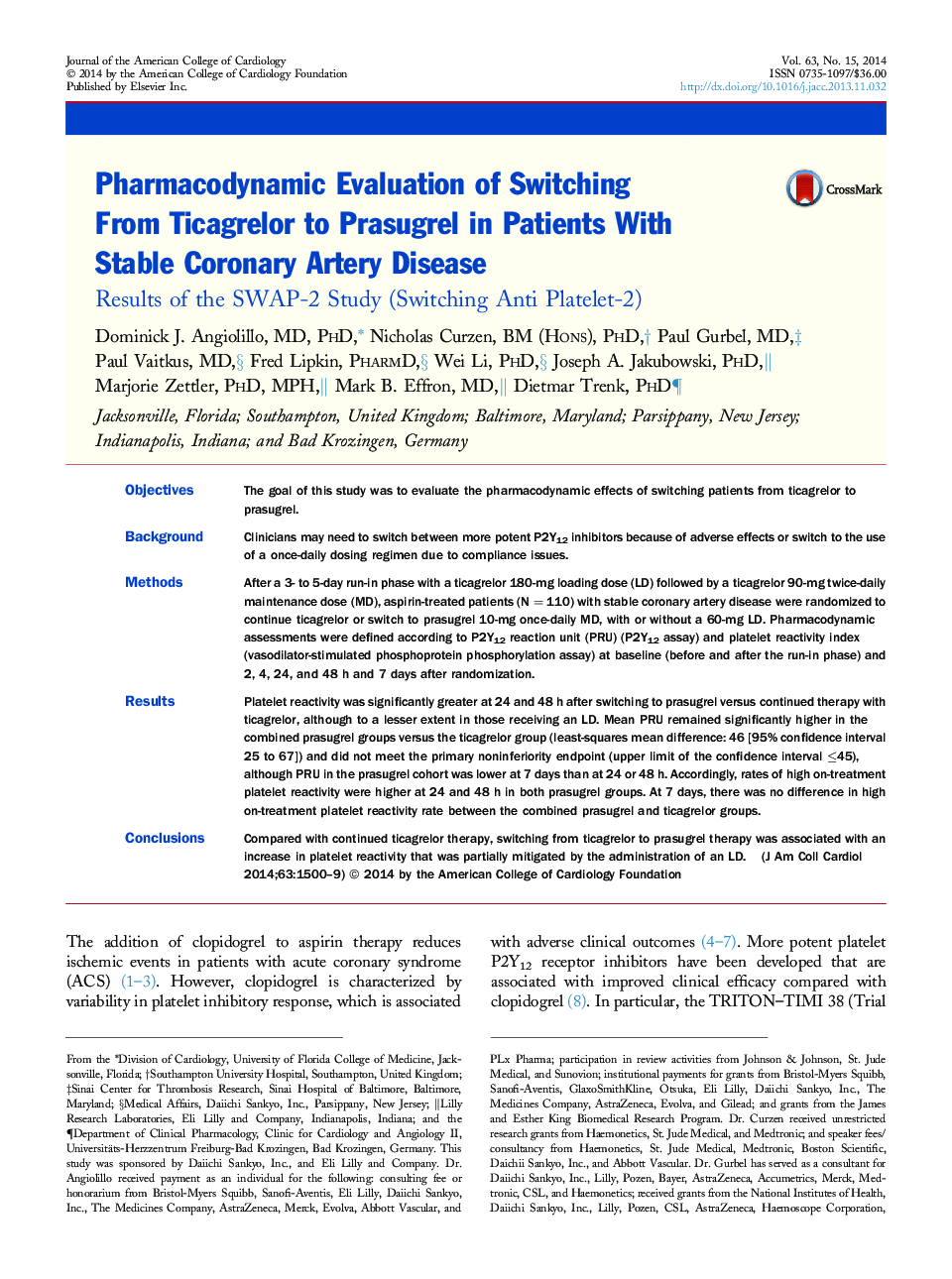 Pharmacodynamic Evaluation of Switching From Ticagrelor to Prasugrel in Patients With Stable Coronary Artery Disease : Results of the SWAP-2 Study (Switching Anti Platelet-2)