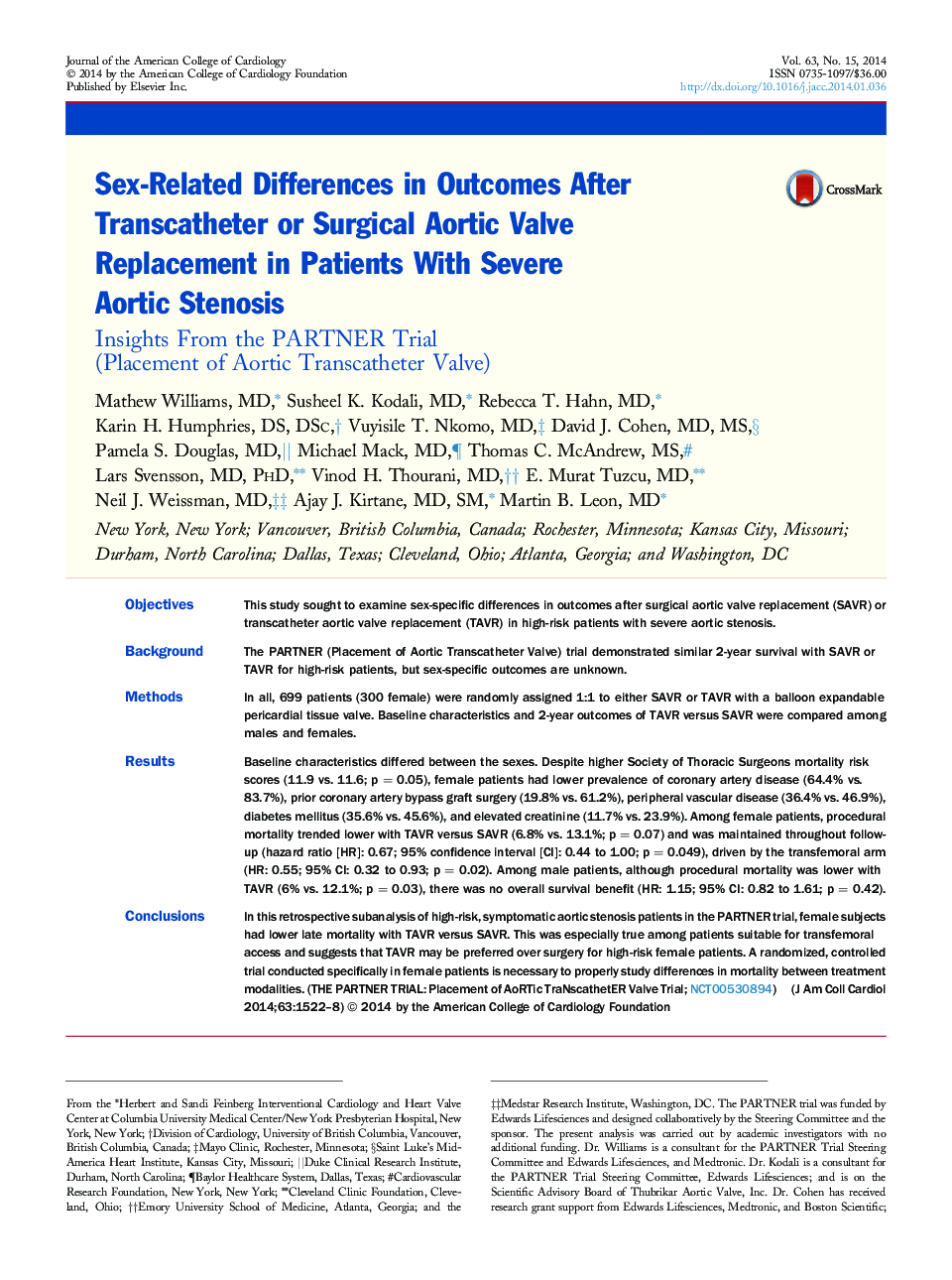 Sex-Related Differences in Outcomes After Transcatheter or Surgical Aortic Valve Replacement in Patients With Severe Aortic Stenosis : Insights From the PARTNER Trial (Placement of Aortic Transcatheter Valve)