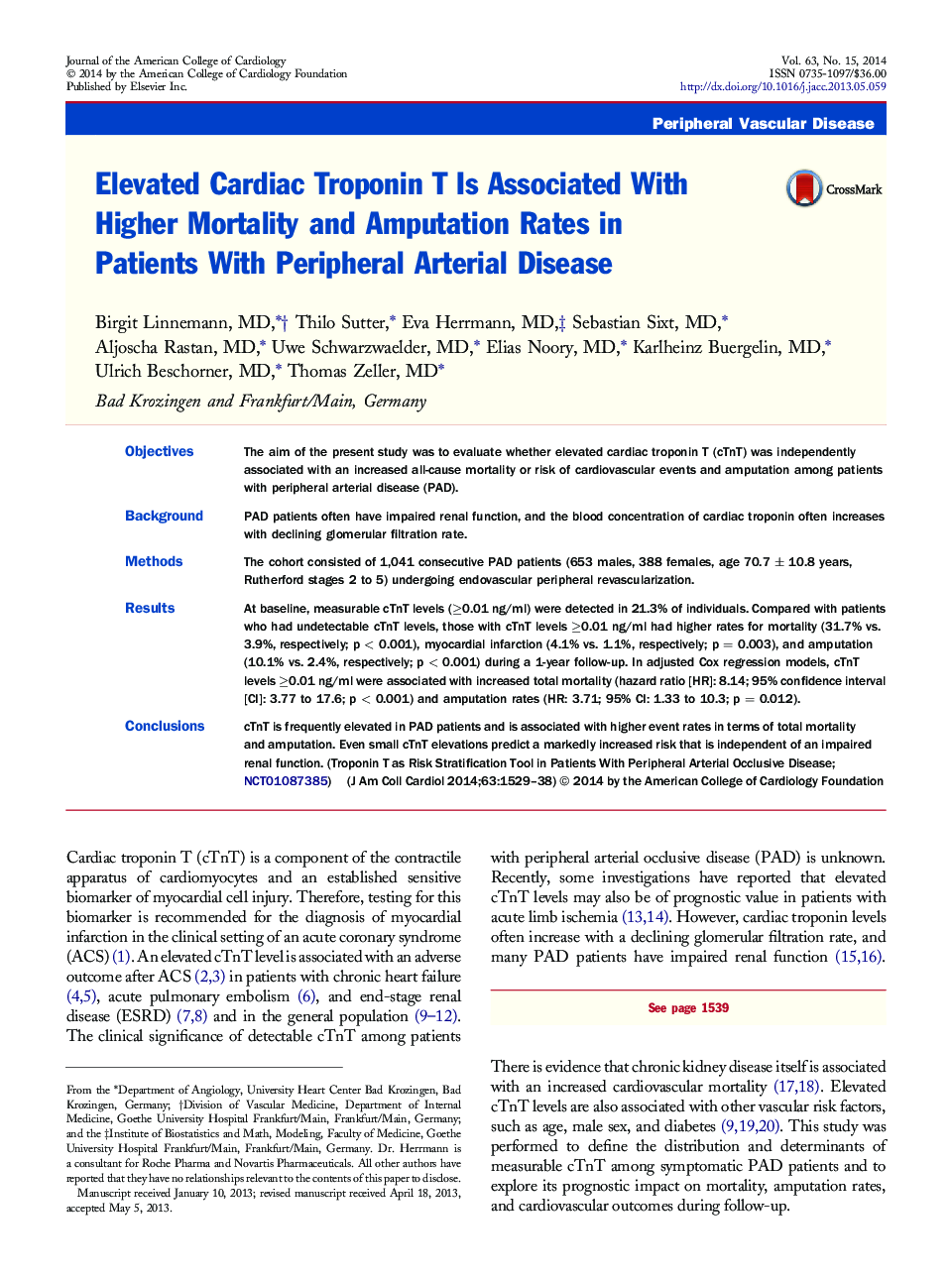 Elevated Cardiac Troponin T Is Associated With Higher Mortality and Amputation Rates in Patients With Peripheral Arterial Disease 