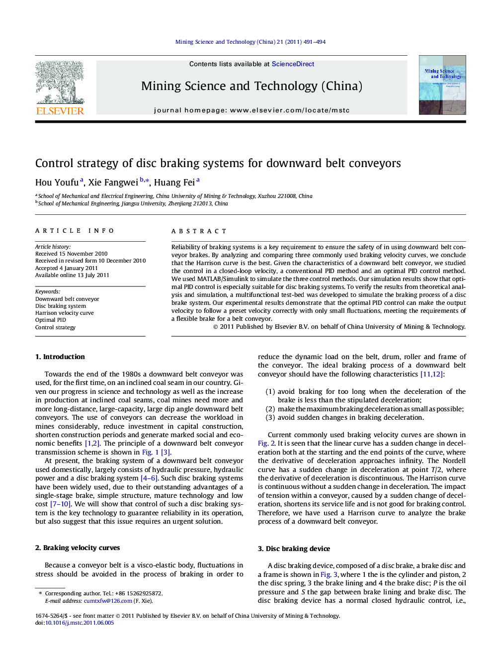 Control strategy of disc braking systems for downward belt conveyors