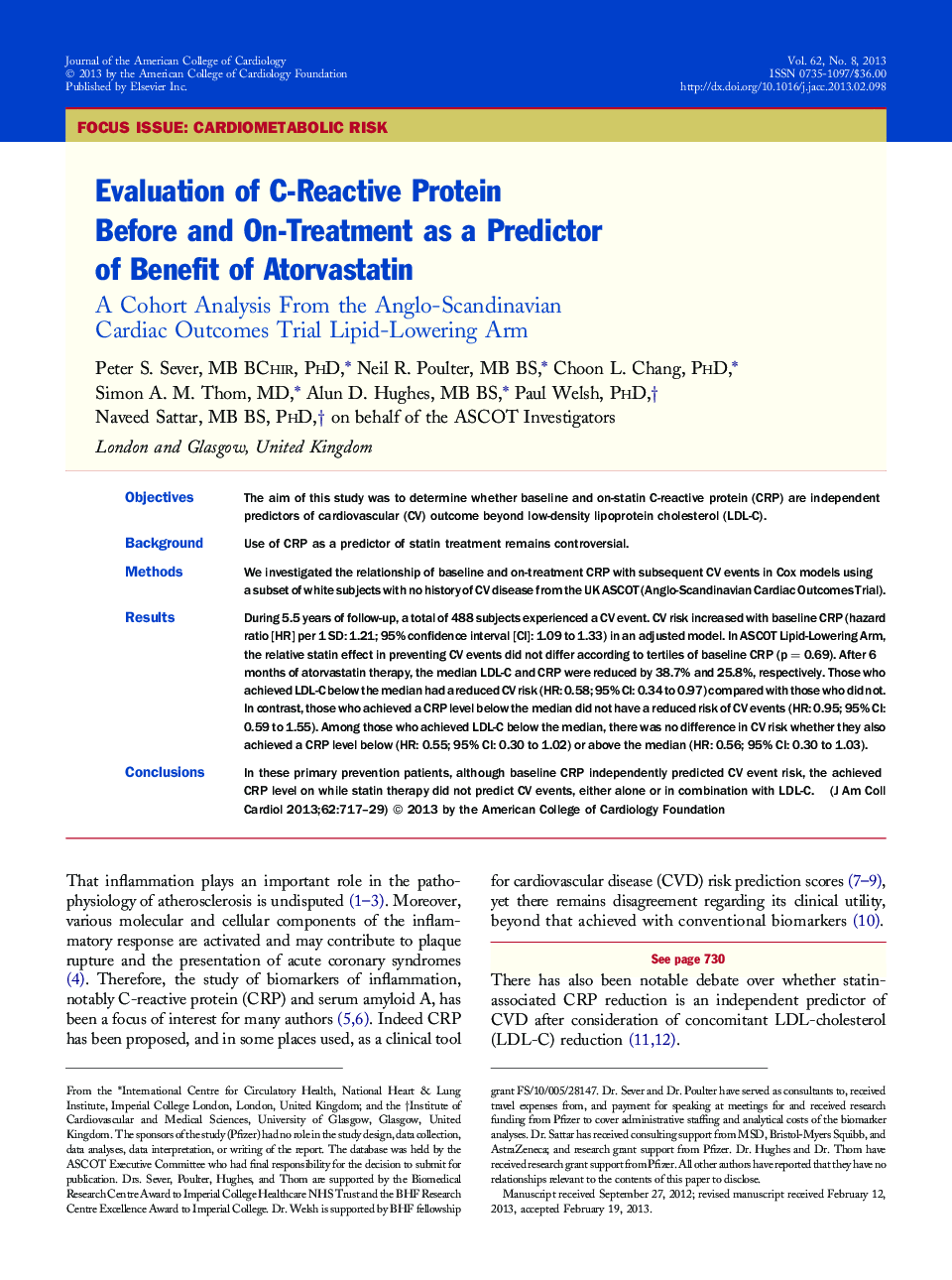 Evaluation of C-Reactive Protein Before and On-Treatment as a Predictor of Benefit of Atorvastatin : A Cohort Analysis From the Anglo-Scandinavian Cardiac Outcomes Trial Lipid-Lowering Arm