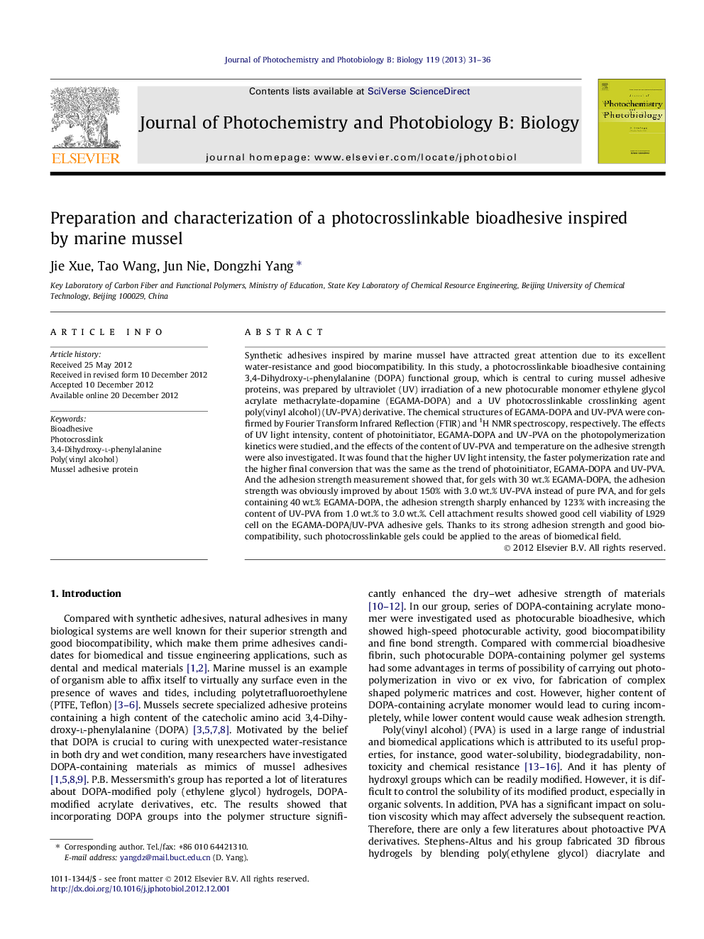 Preparation and characterization of a photocrosslinkable bioadhesive inspired by marine mussel