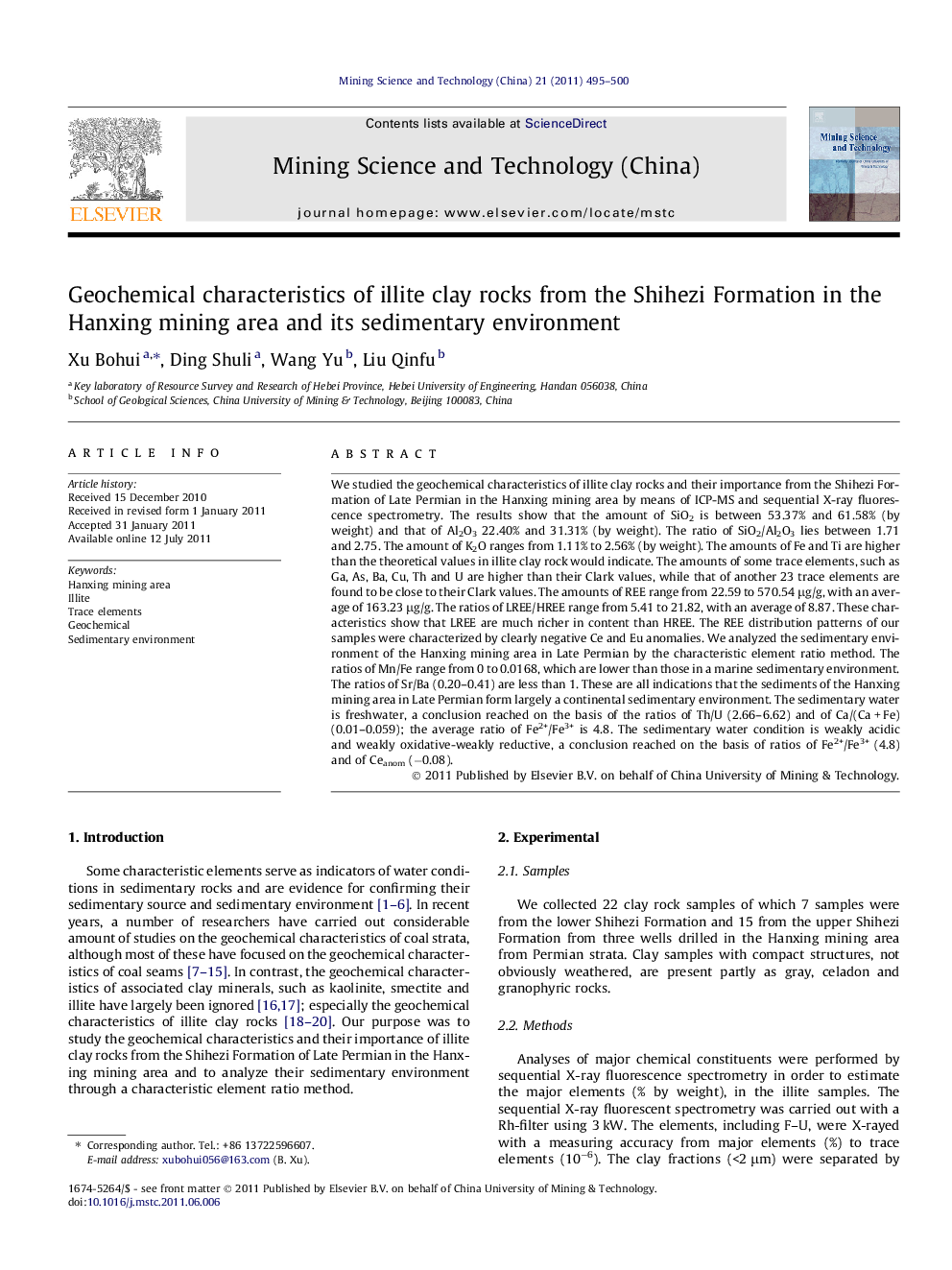 Geochemical characteristics of illite clay rocks from the Shihezi Formation in the Hanxing mining area and its sedimentary environment