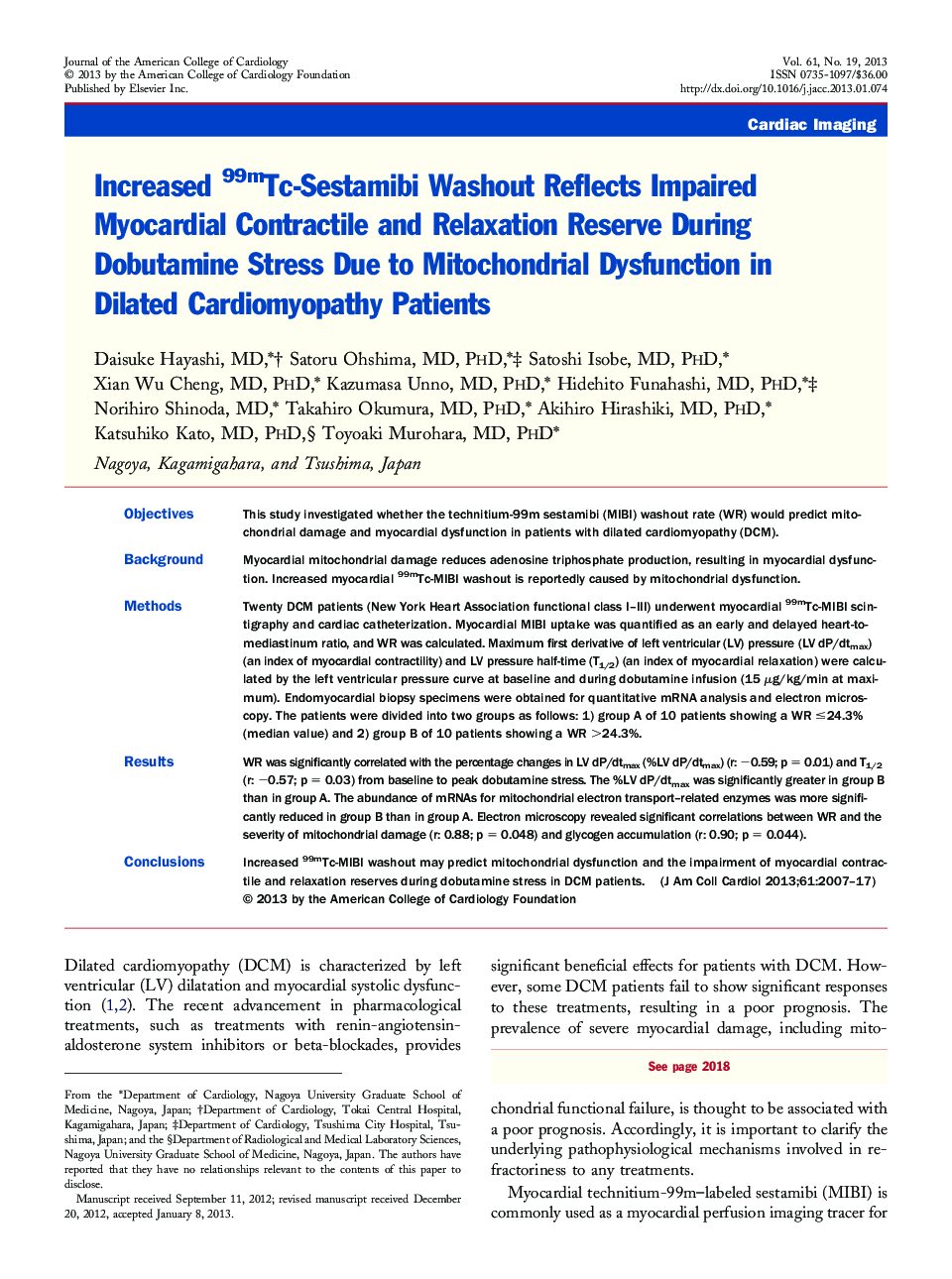 Increased 99mTc-Sestamibi Washout Reflects Impaired Myocardial Contractile and Relaxation Reserve During Dobutamine Stress Due to Mitochondrial Dysfunction in Dilated Cardiomyopathy Patients 