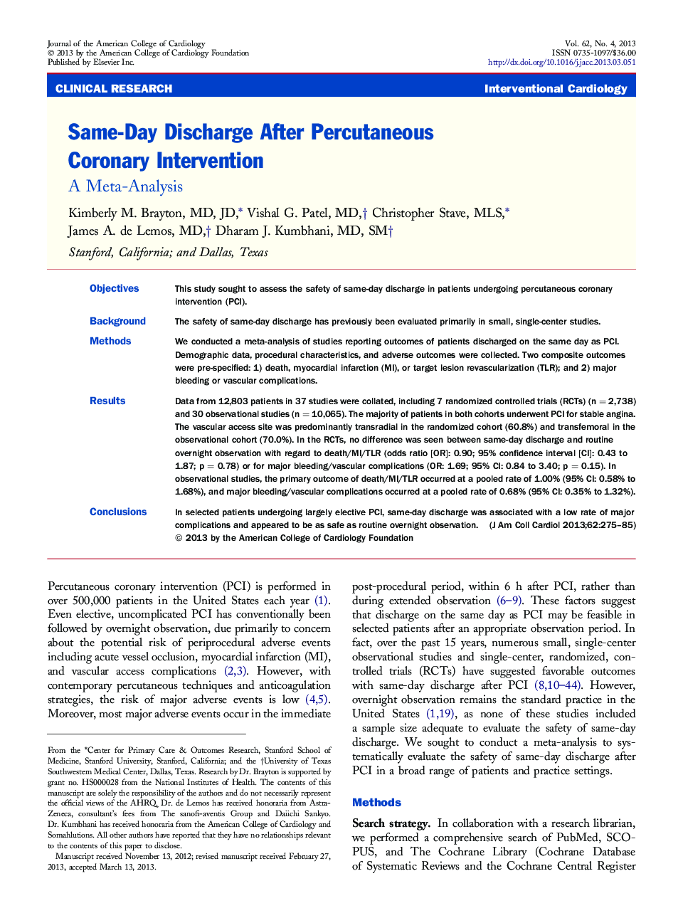 Same-Day Discharge After Percutaneous Coronary Intervention : A Meta-Analysis