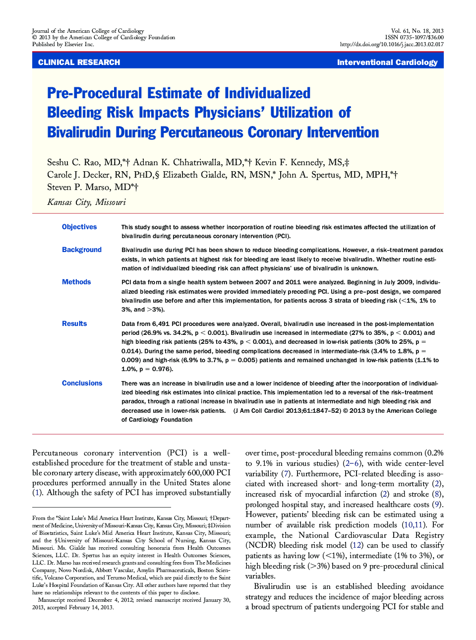 Pre-Procedural Estimate of Individualized Bleeding Risk Impacts Physicians' Utilization of Bivalirudin During Percutaneous Coronary Intervention 