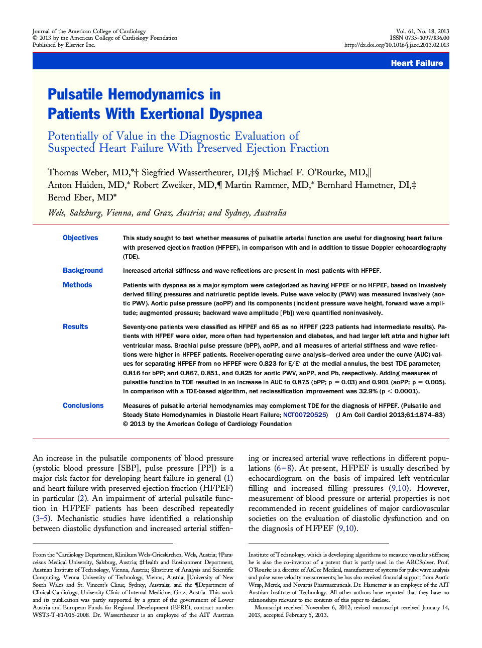 Pulsatile Hemodynamics in Patients With Exertional Dyspnea : Potentially of Value in the Diagnostic Evaluation of Suspected Heart Failure With Preserved Ejection Fraction