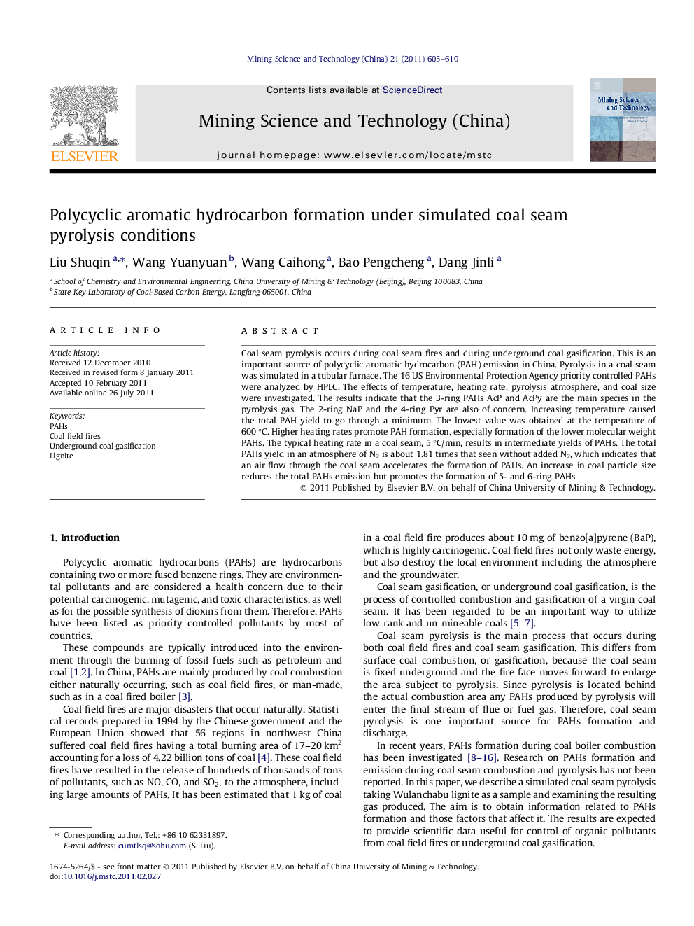 Polycyclic aromatic hydrocarbon formation under simulated coal seam pyrolysis conditions