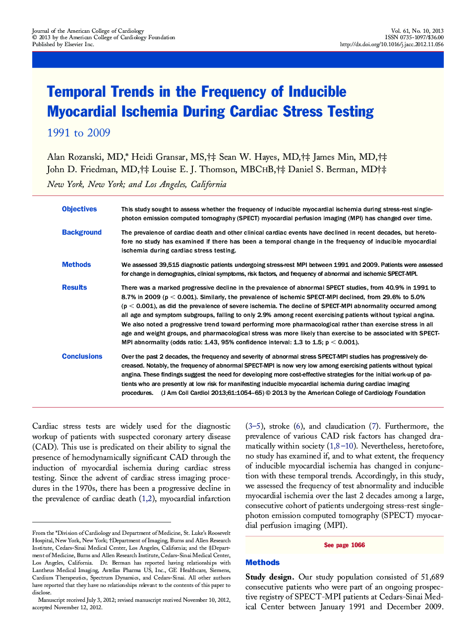 Temporal Trends in the Frequency of Inducible Myocardial Ischemia During Cardiac Stress Testing : 1991 to 2009