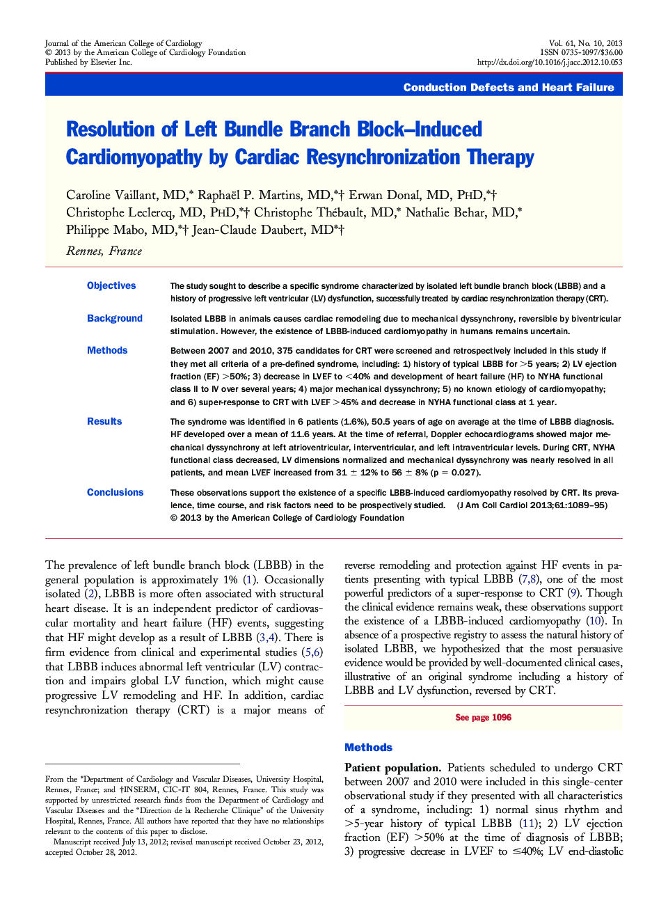 Resolution of Left Bundle Branch Block–Induced Cardiomyopathy by Cardiac Resynchronization Therapy 