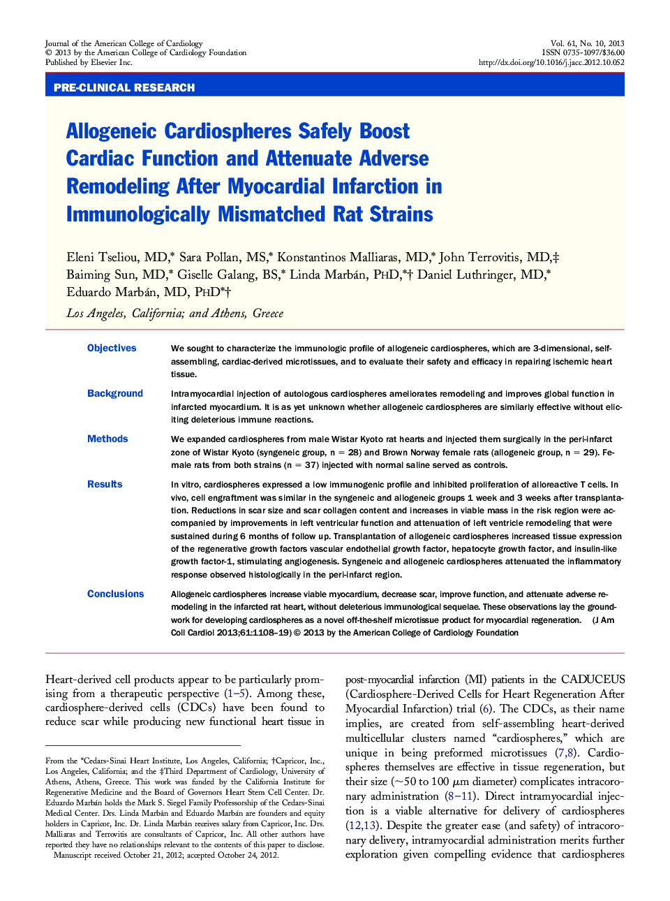 Allogeneic Cardiospheres Safely Boost Cardiac Function and Attenuate Adverse Remodeling After Myocardial Infarction in Immunologically Mismatched Rat Strains 