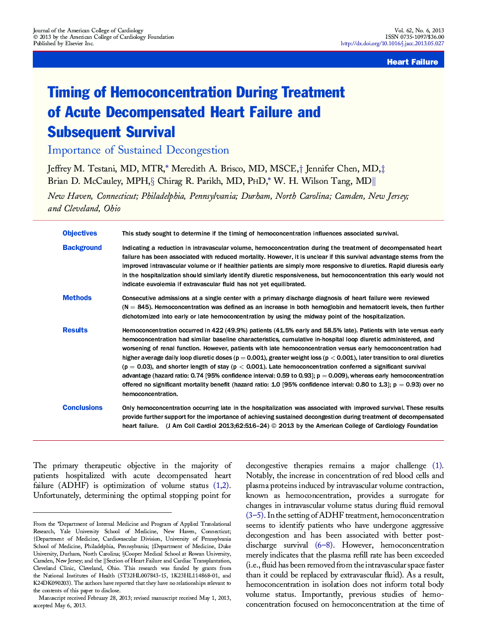 Timing of Hemoconcentration During Treatment of Acute Decompensated Heart Failure and Subsequent Survival : Importance of Sustained Decongestion