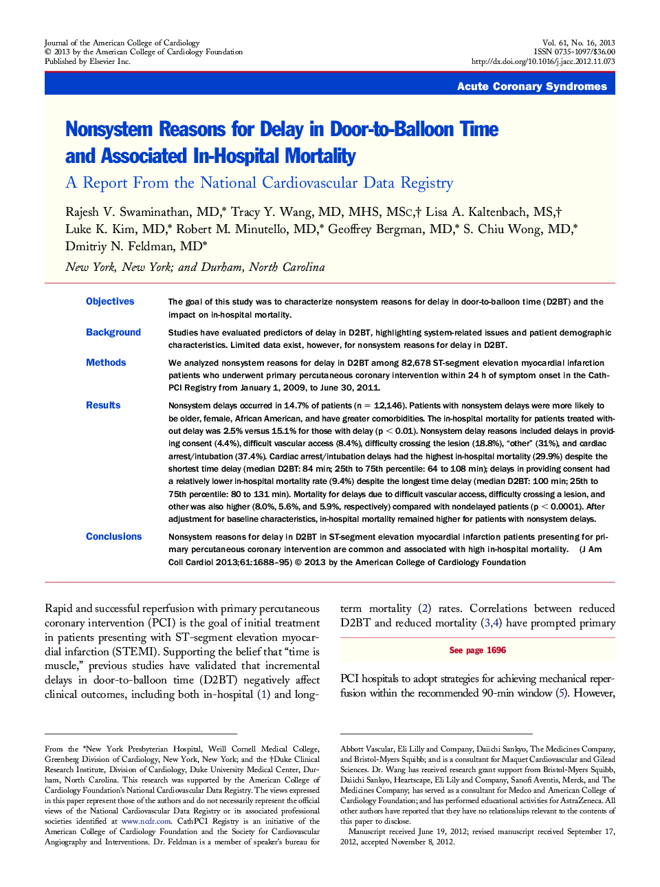 Nonsystem Reasons for Delay in Door-to-Balloon Time and Associated In-Hospital Mortality : A Report From the National Cardiovascular Data Registry