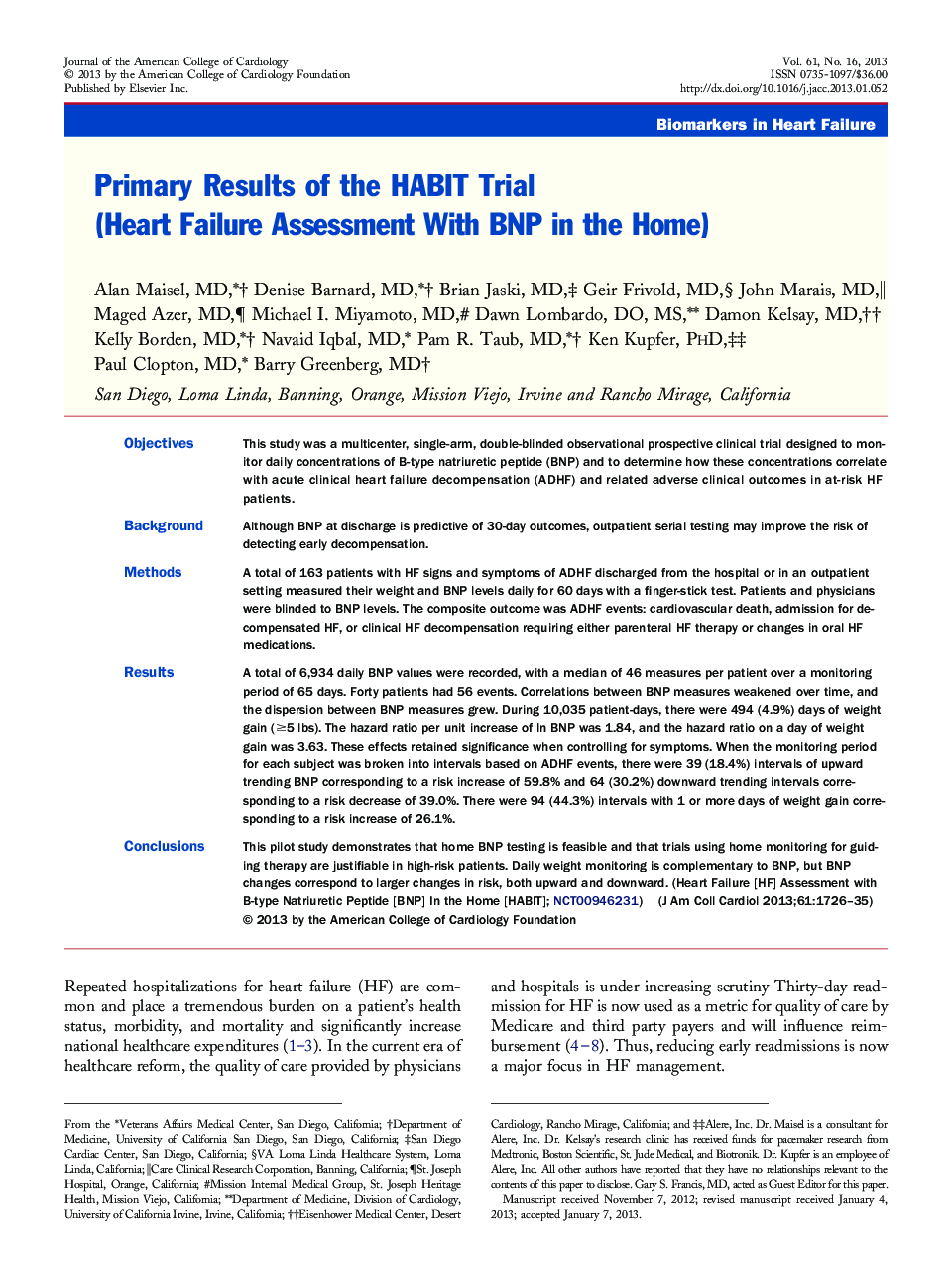 Primary Results of the HABIT Trial (Heart Failure Assessment With BNP in the Home) 