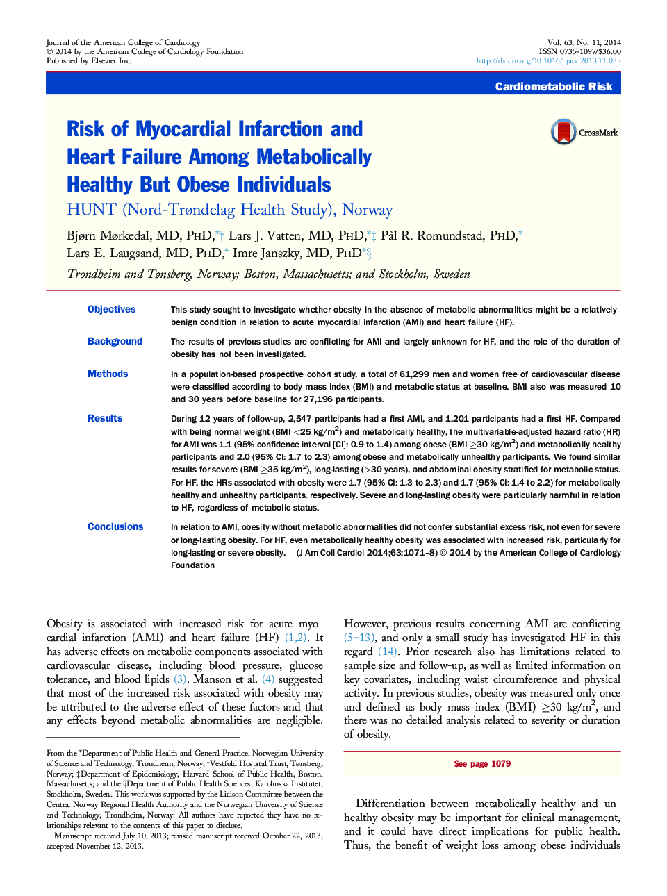 Risk of Myocardial Infarction and Heart Failure Among Metabolically Healthy But Obese Individuals : HUNT (Nord-Trøndelag Health Study), Norway