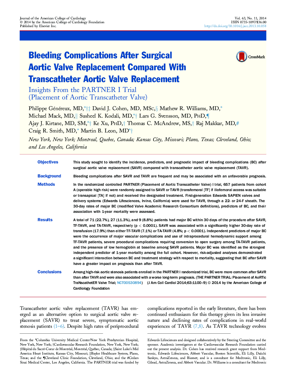 Bleeding Complications After Surgical Aortic Valve Replacement Compared With Transcatheter Aortic Valve Replacement : Insights From the PARTNER I Trial (Placement of Aortic Transcatheter Valve)