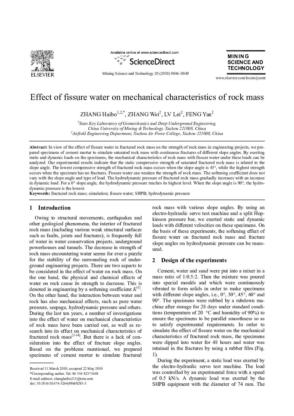 Effect of fissure water on mechanical characteristics of rock mass