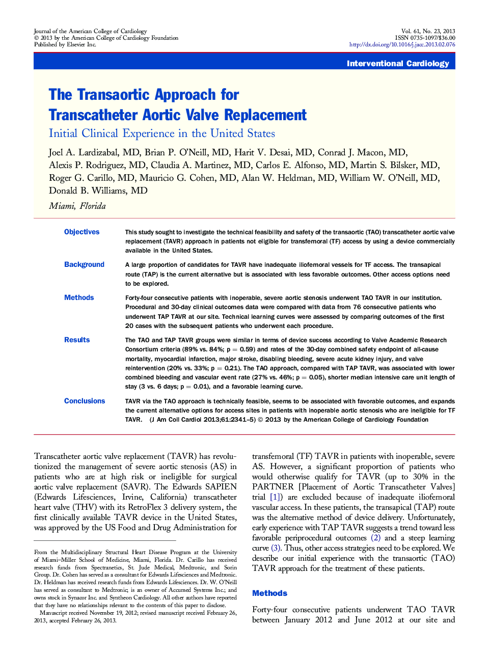 The Transaortic Approach for Transcatheter Aortic Valve Replacement : Initial Clinical Experience in the United States