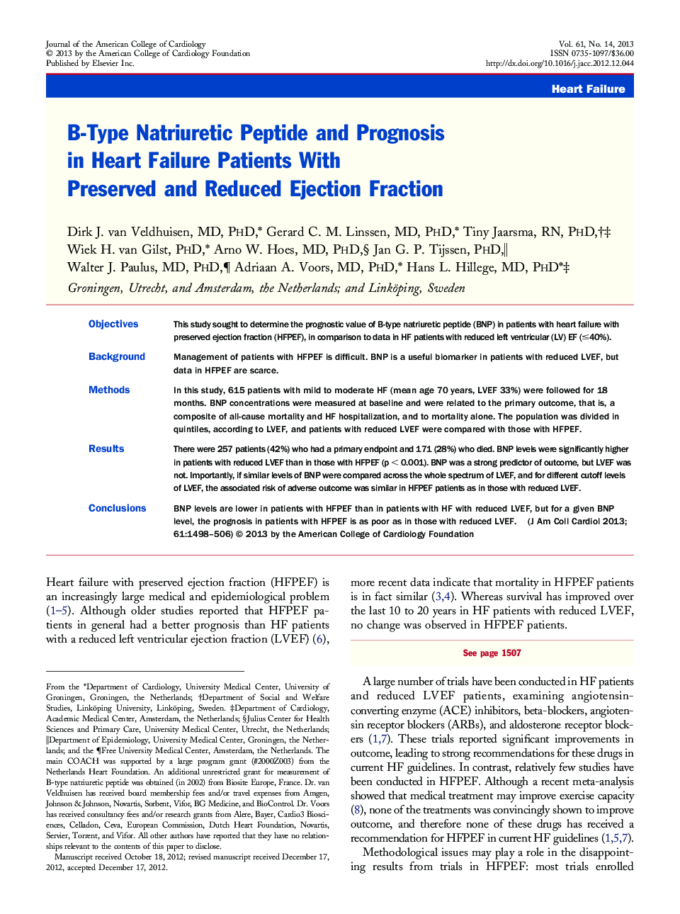 B-Type Natriuretic Peptide and Prognosis in Heart Failure Patients With Preserved and Reduced Ejection Fraction 