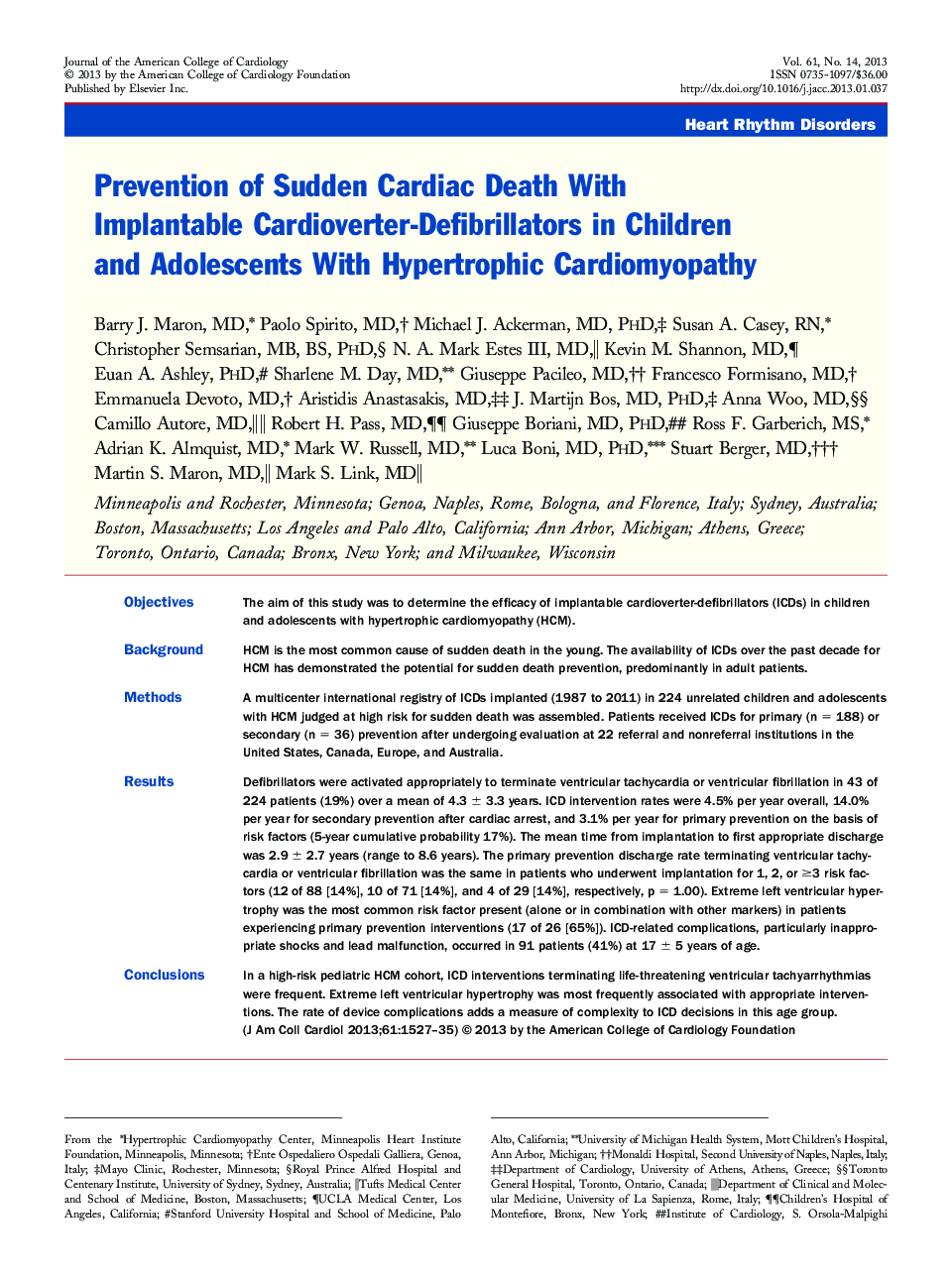 Prevention of Sudden Cardiac Death With Implantable Cardioverter-Defibrillators in Children and Adolescents With Hypertrophic Cardiomyopathy 