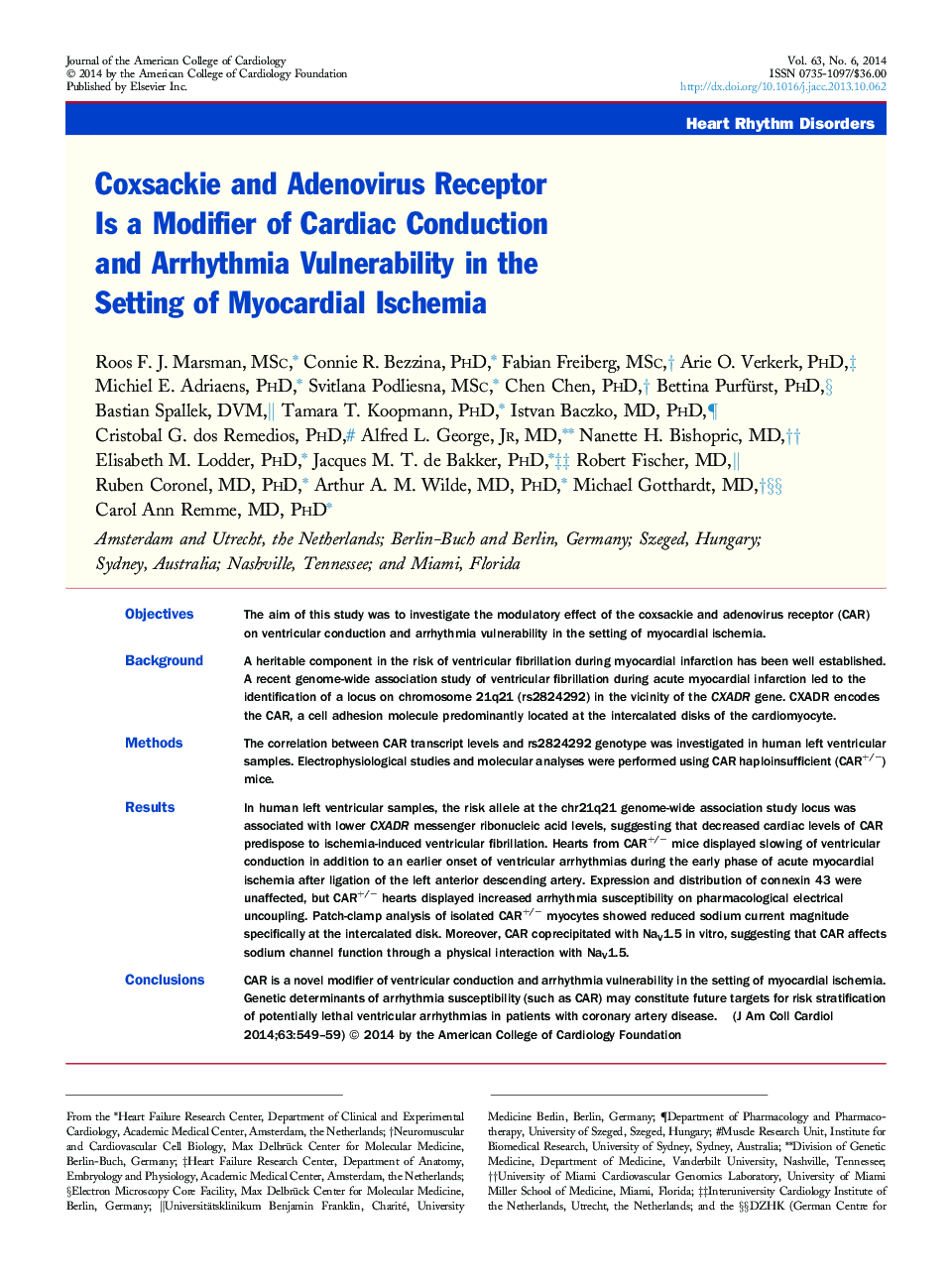 Coxsackie and Adenovirus Receptor Is a Modifier of Cardiac Conduction and Arrhythmia Vulnerability in the Setting of Myocardial Ischemia 