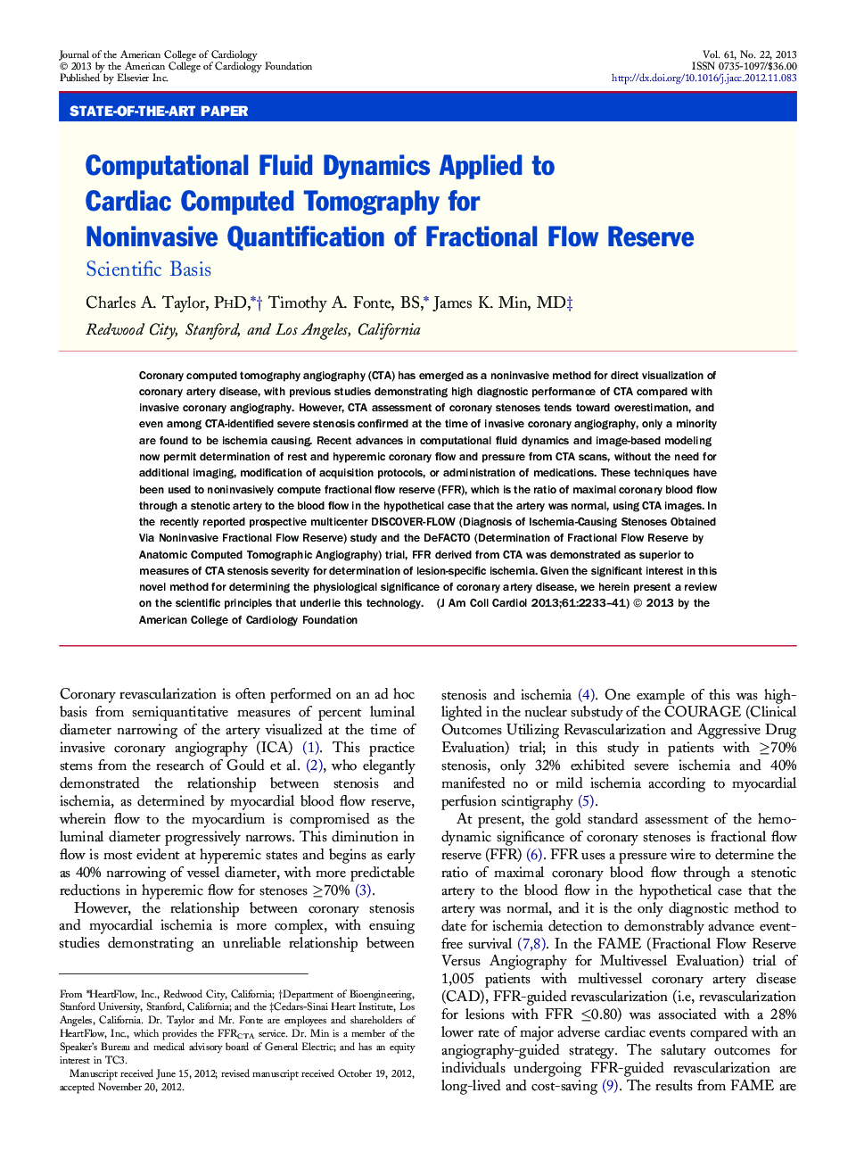 Computational Fluid Dynamics Applied to Cardiac Computed Tomography for Noninvasive Quantification of Fractional Flow Reserve : Scientific Basis