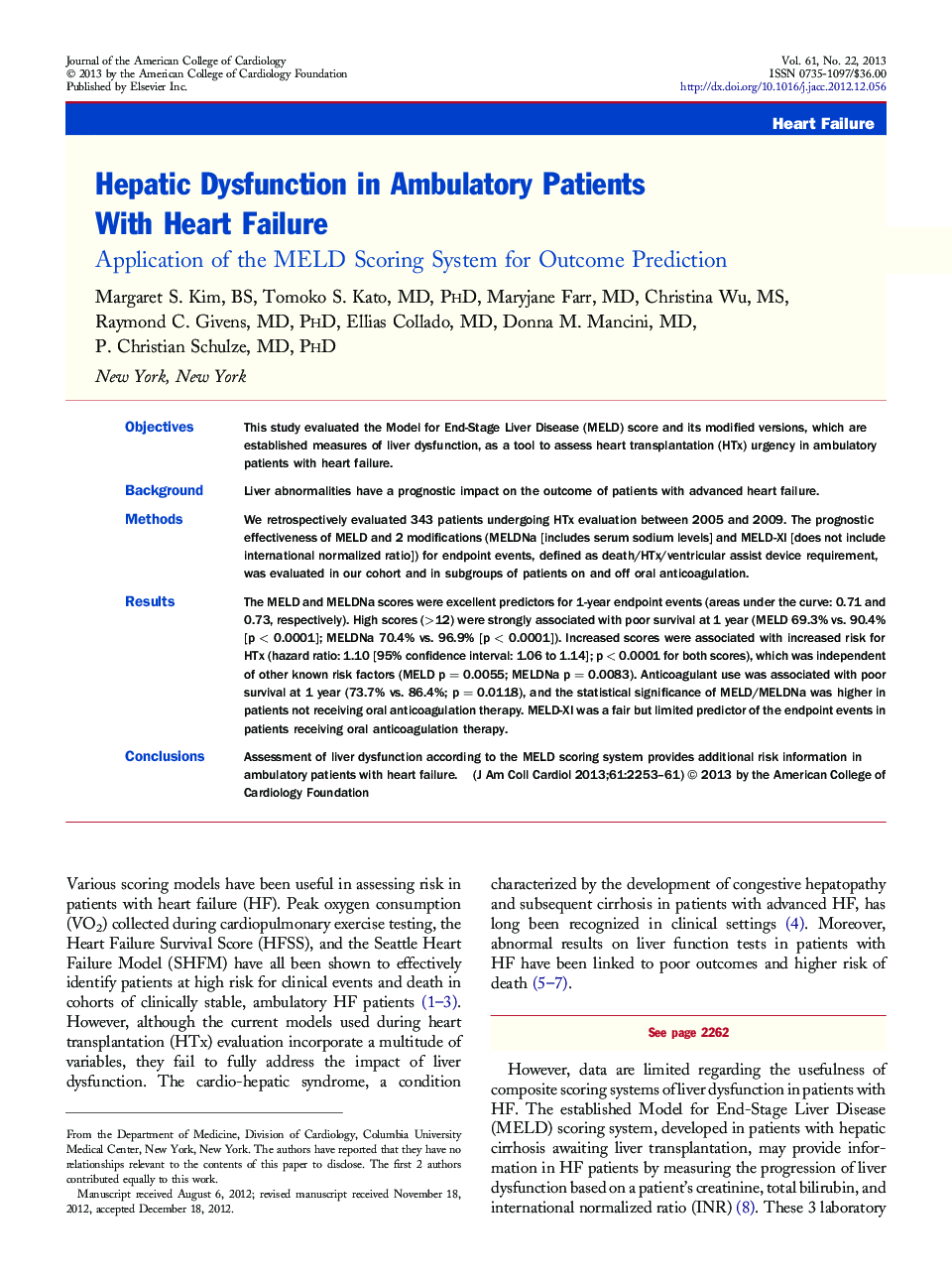 Hepatic Dysfunction in Ambulatory Patients With Heart Failure : Application of the MELD Scoring System for Outcome Prediction