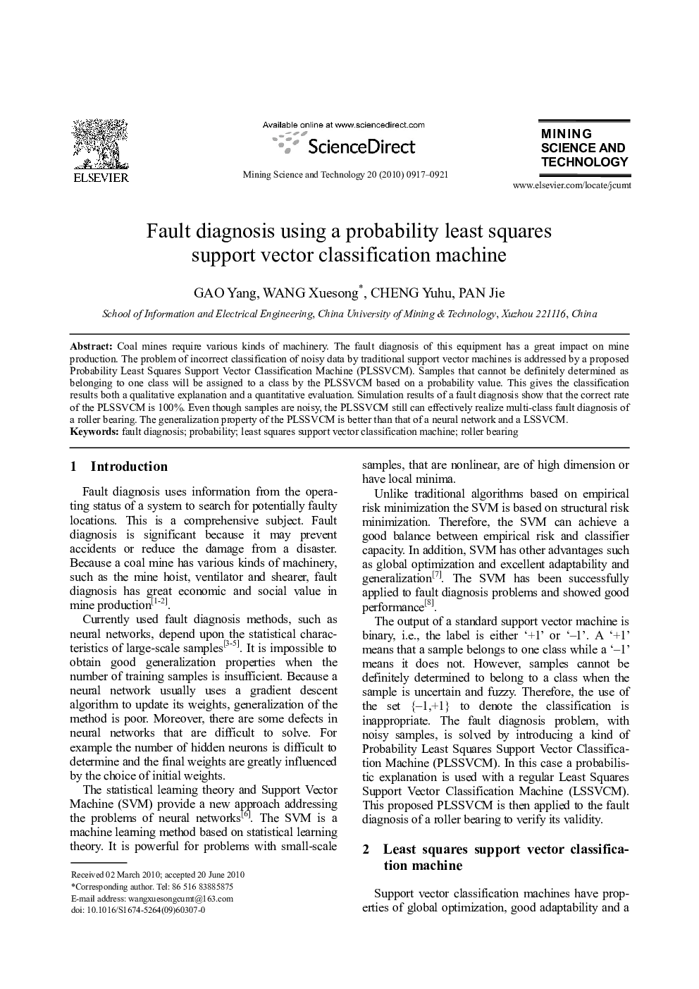 Fault diagnosis using a probability least squares support vector classification machine