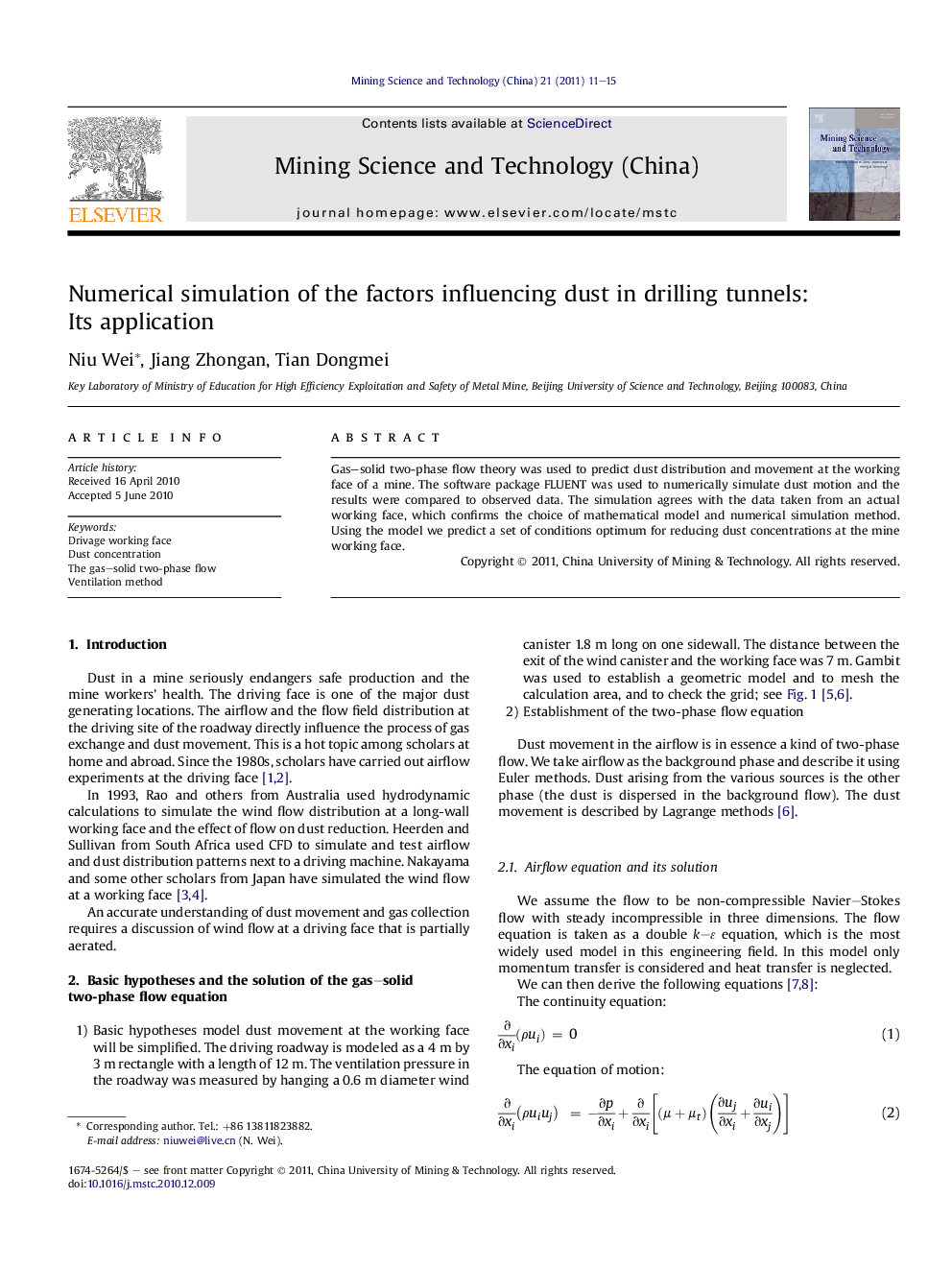 Numerical simulation of the factors influencing dust in drilling tunnels: Its application