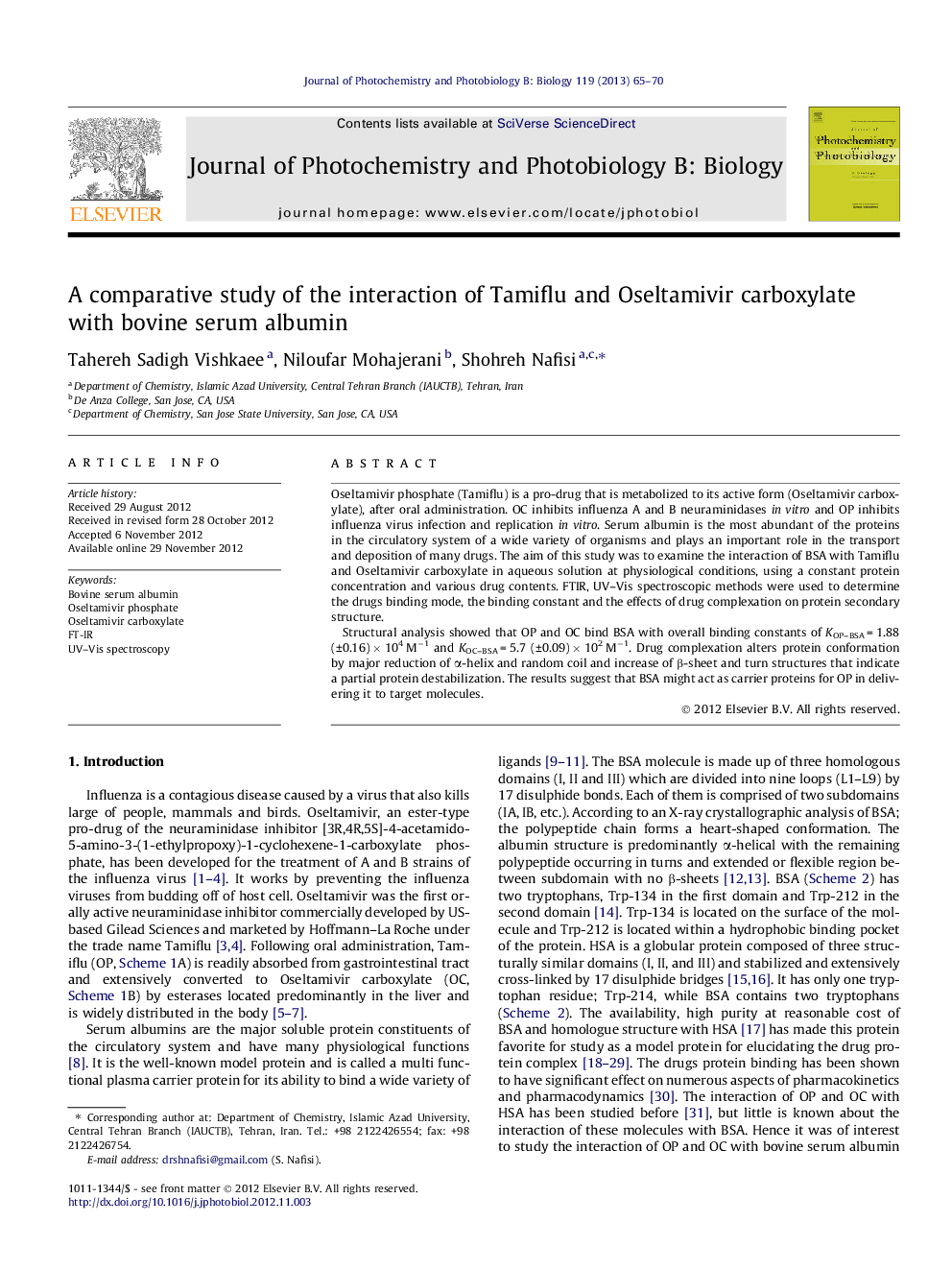 A comparative study of the interaction of Tamiflu and Oseltamivir carboxylate with bovine serum albumin