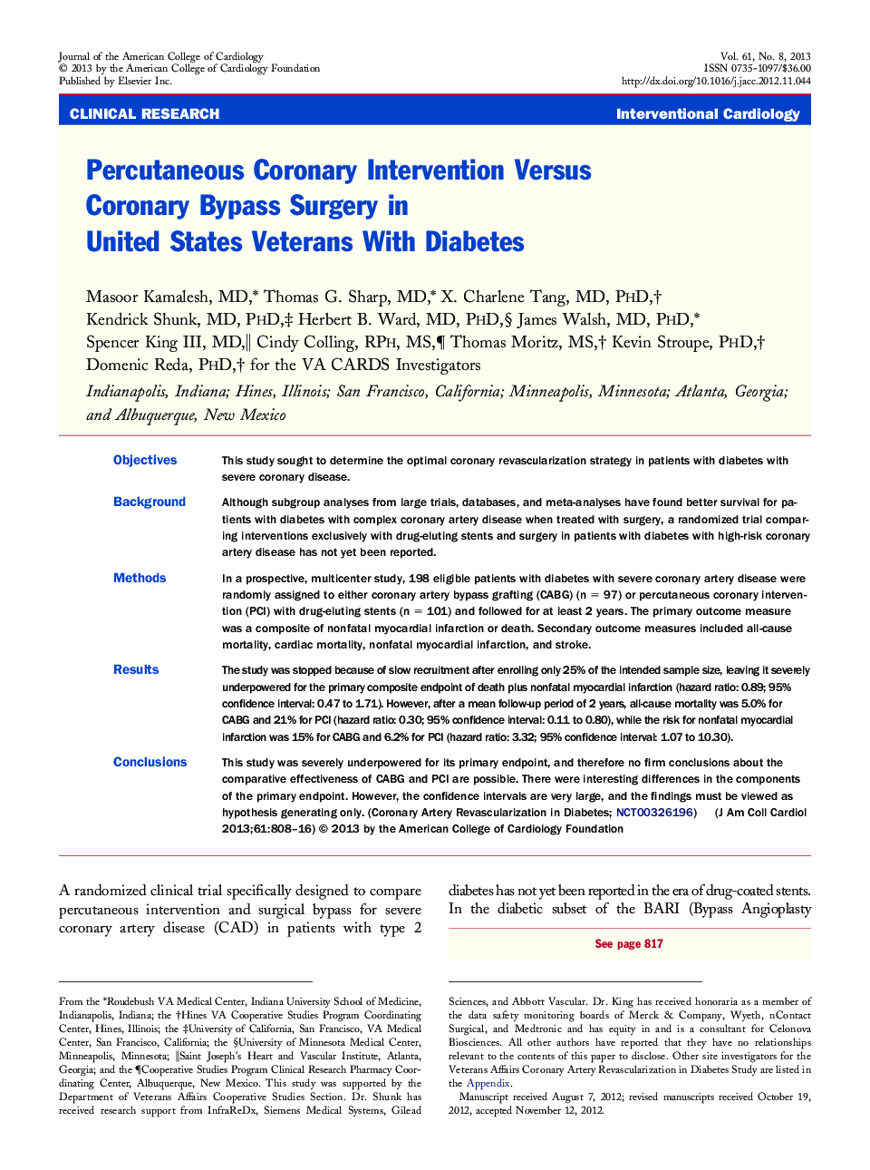 Percutaneous Coronary Intervention Versus Coronary Bypass Surgery in United States Veterans With Diabetes 