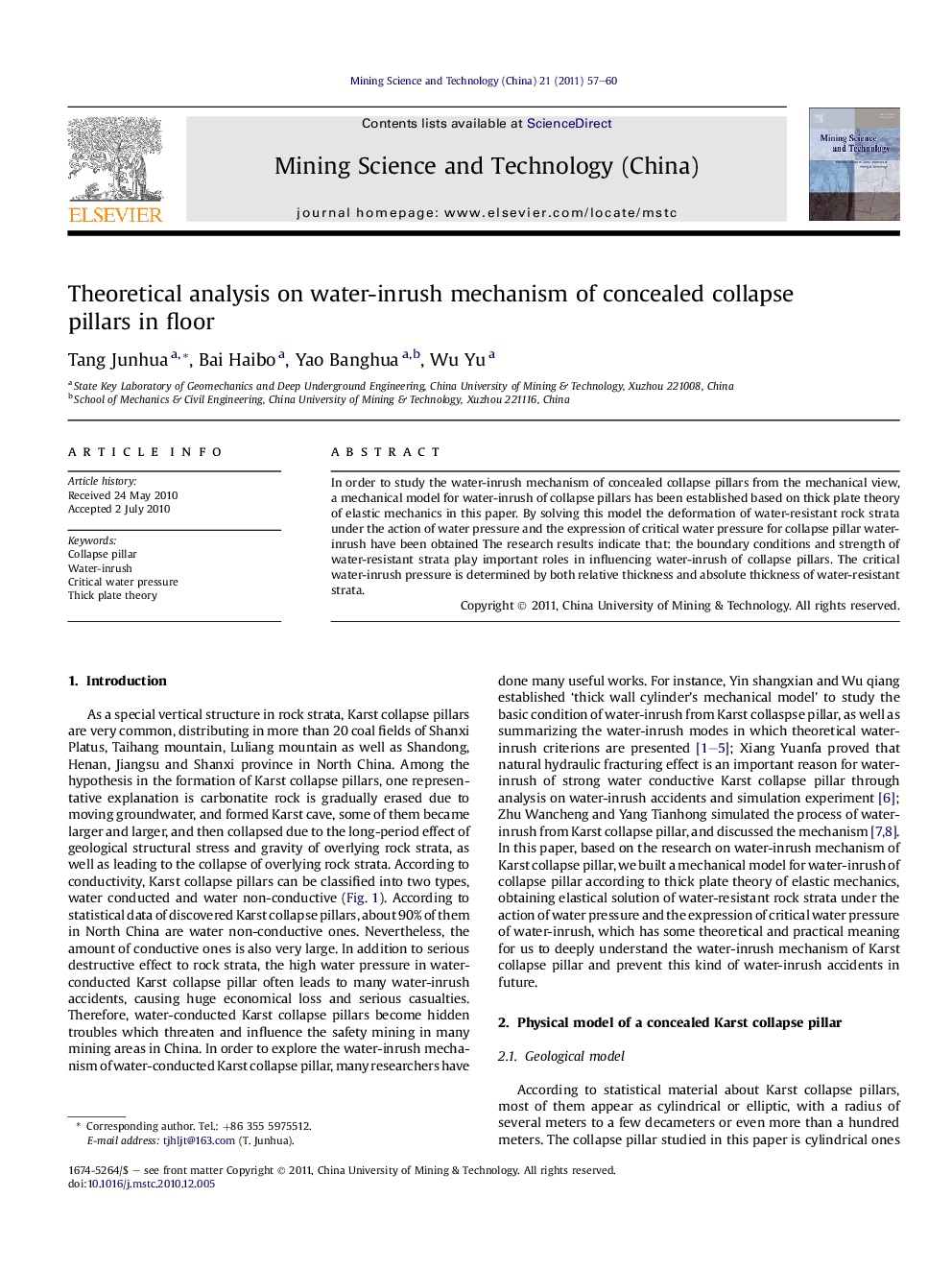 Theoretical analysis on water-inrush mechanism of concealed collapse pillars in floor