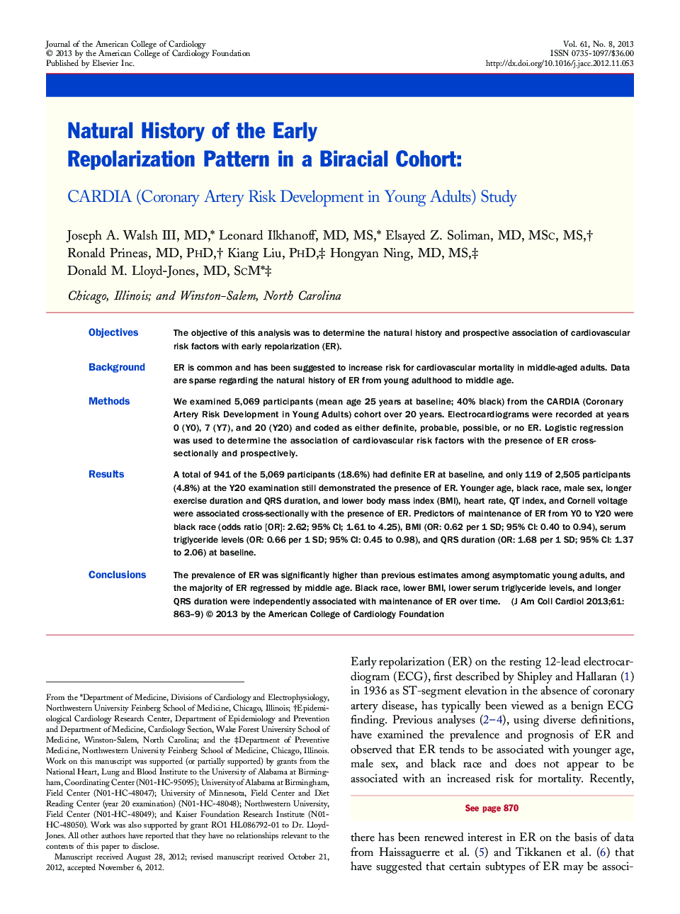 Natural History of the Early Repolarization Pattern in a Biracial Cohort : CARDIA (Coronary Artery Risk Development in Young Adults) Study