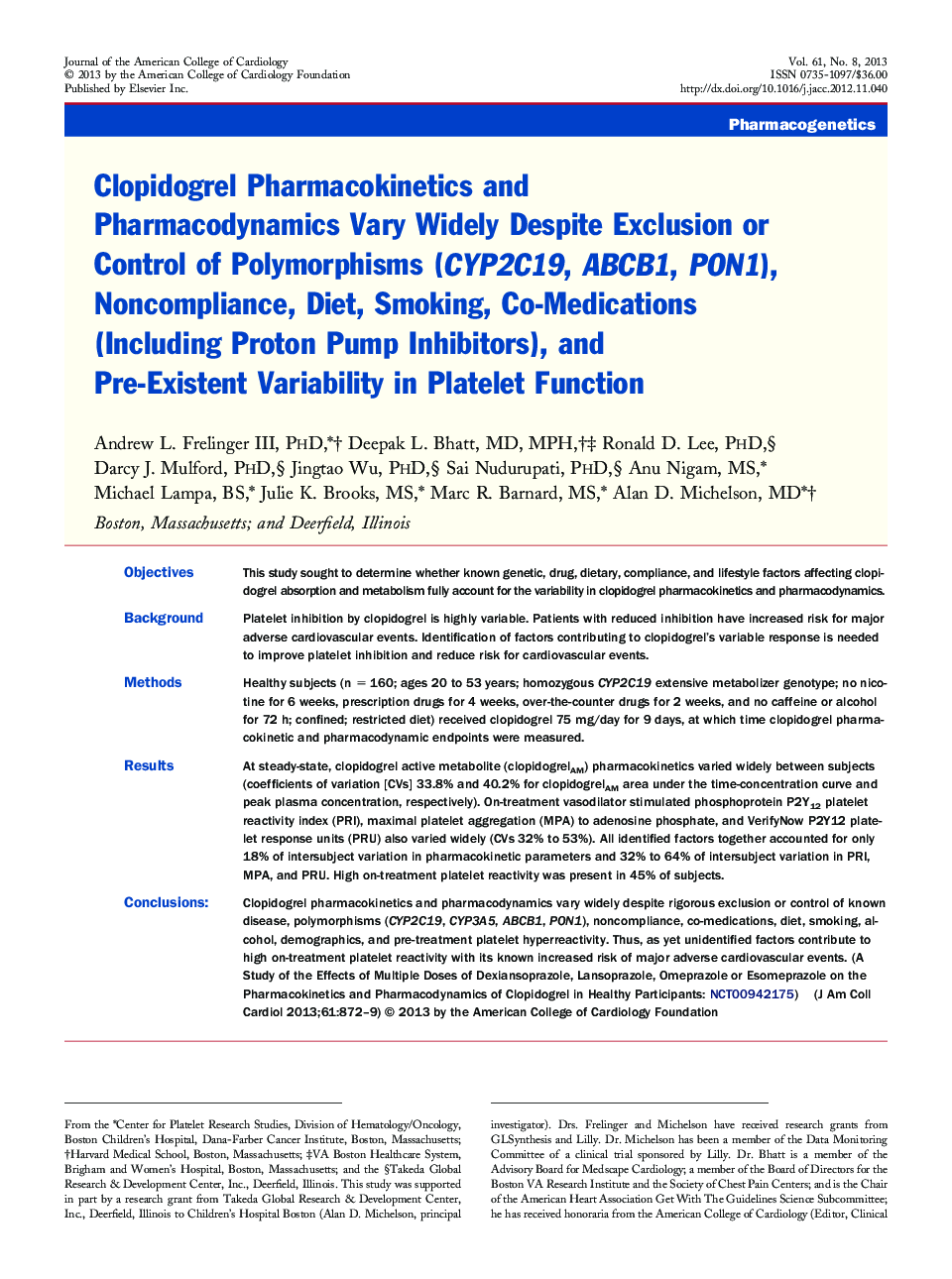 Clopidogrel Pharmacokinetics and Pharmacodynamics Vary Widely Despite Exclusion or Control of Polymorphisms (CYP2C19, ABCB1, PON1), Noncompliance, Diet, Smoking, Co-Medications (Including Proton Pump Inhibitors), and Pre-Existent Variability in Platelet F