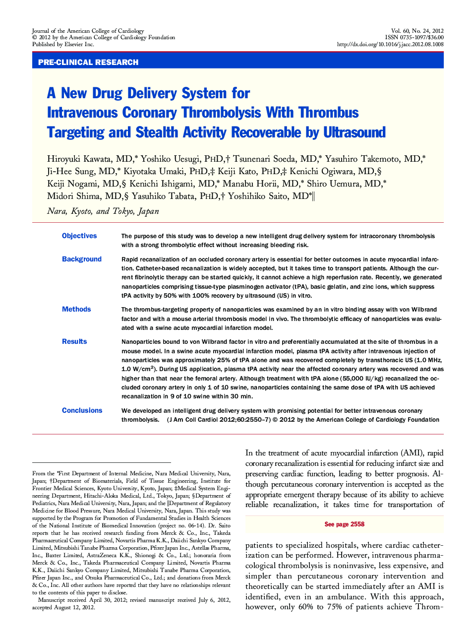 A New Drug Delivery System for Intravenous Coronary Thrombolysis With Thrombus Targeting and Stealth Activity Recoverable by Ultrasound 